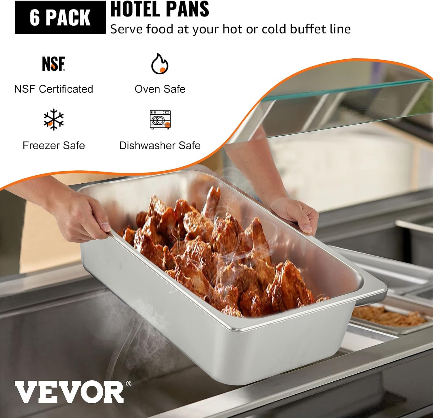 VEVOR 6 Pack Hotel Pans, Full Size 6-Inch, Stainless Steel Steam Table Pans,Anti-Jam Catering Trays for Steam Tables, for Home, Party, Restaurant, Hotel, Buffet - Image 2