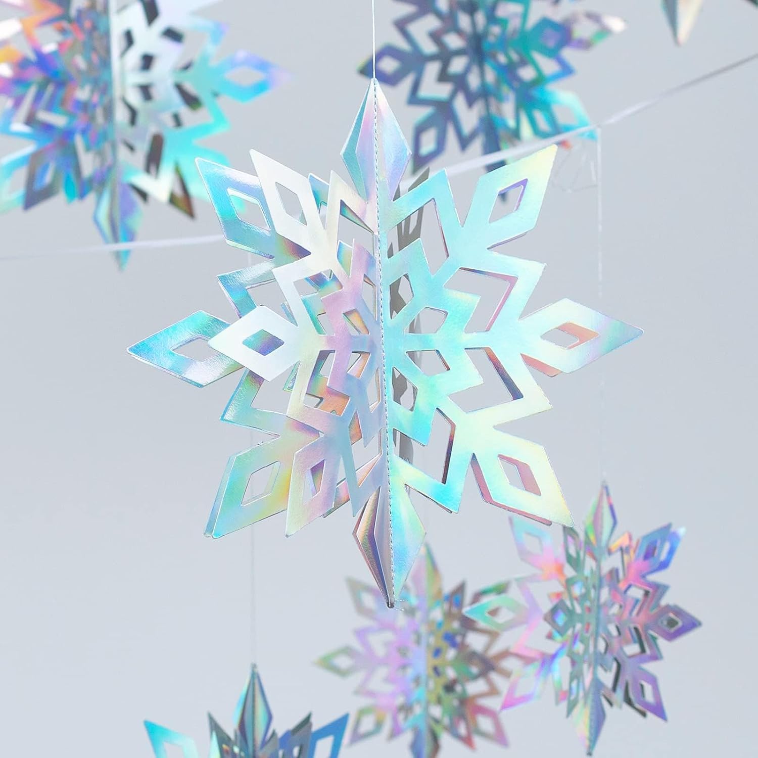 OuMuaMua Christmas Snowflake Decorations, 15pcs Xmas 3D Iridescent Snowflakes 3D Laser Paper Snow Flakes for Christmas Winter Wonderland Snow White Holiday Birthday Home Party Decor, Holographic - Image 4