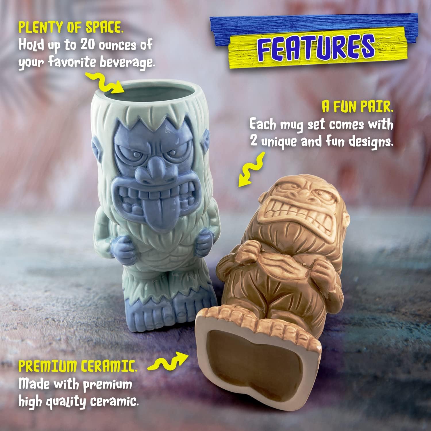 Tiki Mug Set Bigfoot and Yeti Ceramic Mugs, Set of 2 - Mythical Collectible Tiki Cups - Tumbler Coffee Mugs, Tropical Drinkware For Home Kitchen - Each Mug Holds 20 Ounces - Image 2