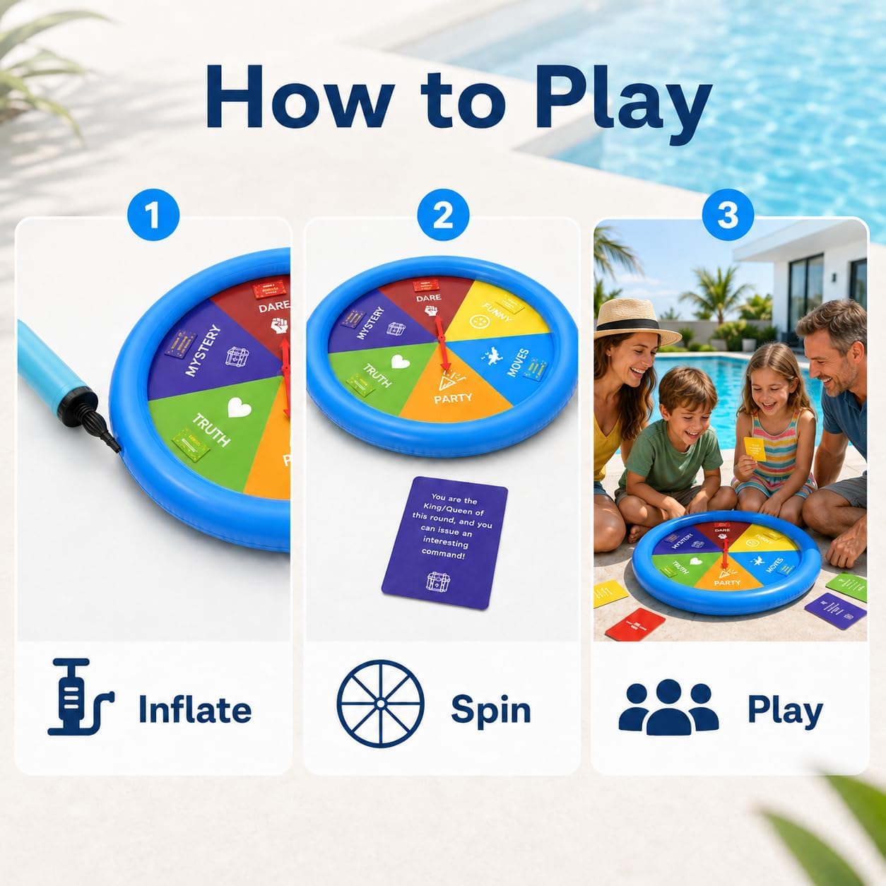 Inflatable Pool Party Game Table with Waterproof Silly Challenge Cards & Spinner, Floating Pool Game Toys for Teens Adults Family, Summer Pool Accessories for Backyard Beach Party - Image 4