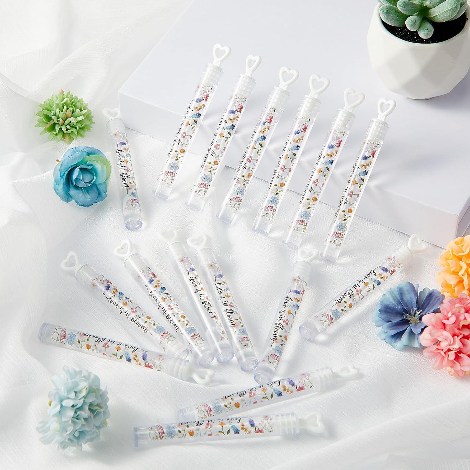 Hollowfly 120 Pack Wild Flower Wedding Mini Bubble Wands for a Wedding Bulk White Heart Bubble for Guests Send Off Wand Adults Bridal Exit Shower Party Supplies Valentine Anniversaries Celebration - Image 5