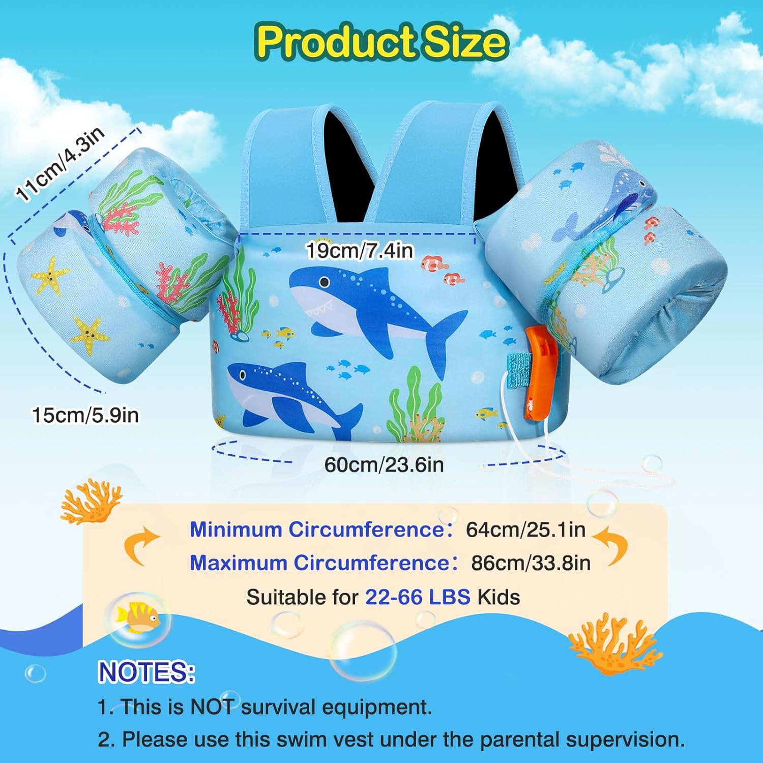 MoKo Toddler Swim Vest for Kids, Swim Arm Floaties 22-66 lbs Boys and Girls Cartoon Swimming Water Wings Pool Float Vests Sleeves Shoulder Straps Arm Band for Children Learn to Swim, Blue Shark - Image 5