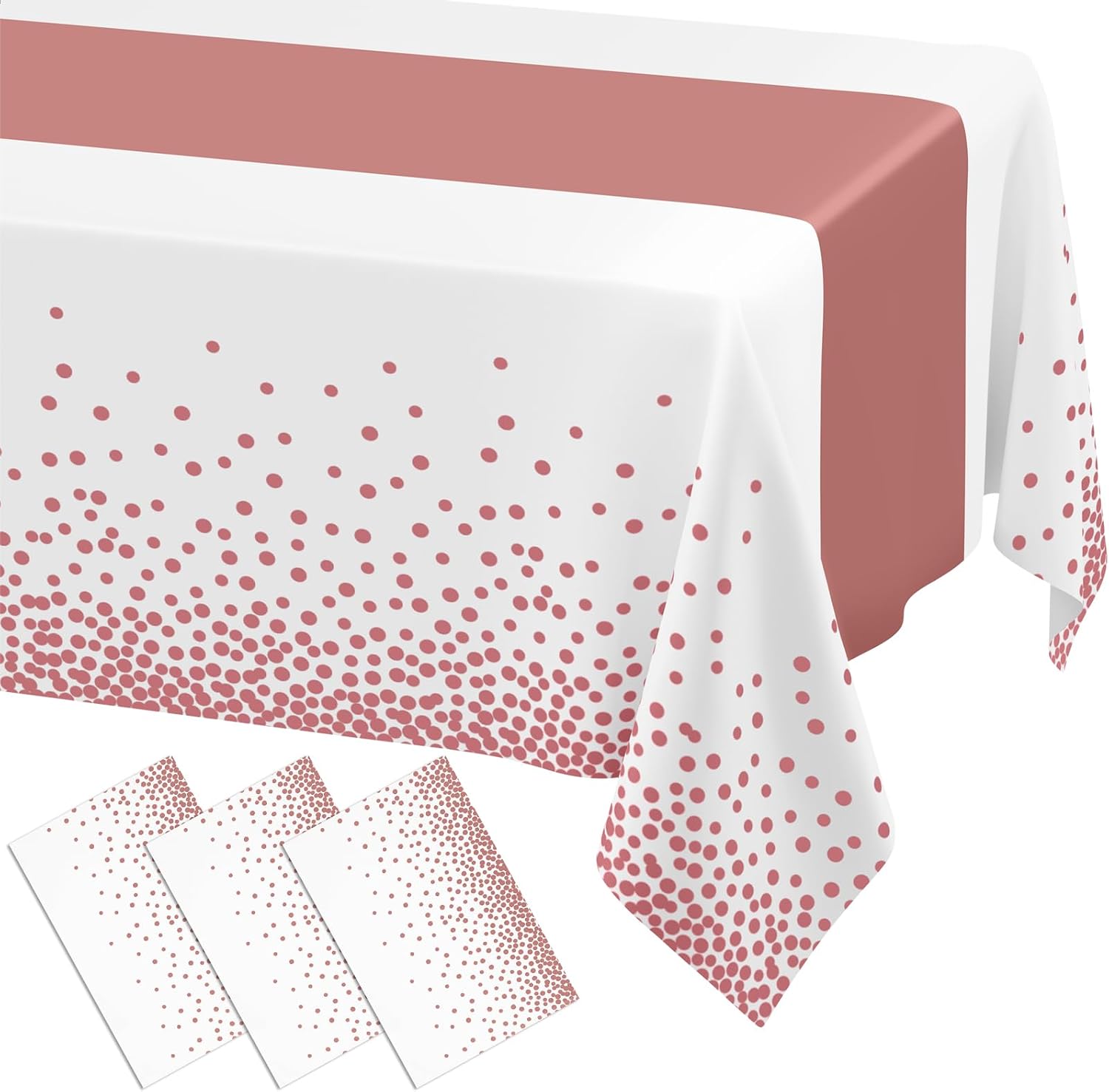 Smiry Plastic Table Cloth Disposable 3 Pack, 54 x 108 Inch Rectangle Waterproof Tablecloth, Printed Gold Table Runner Style for Birthday Weeding, Party, Sturdy & Leakproof, Rose Gold and White