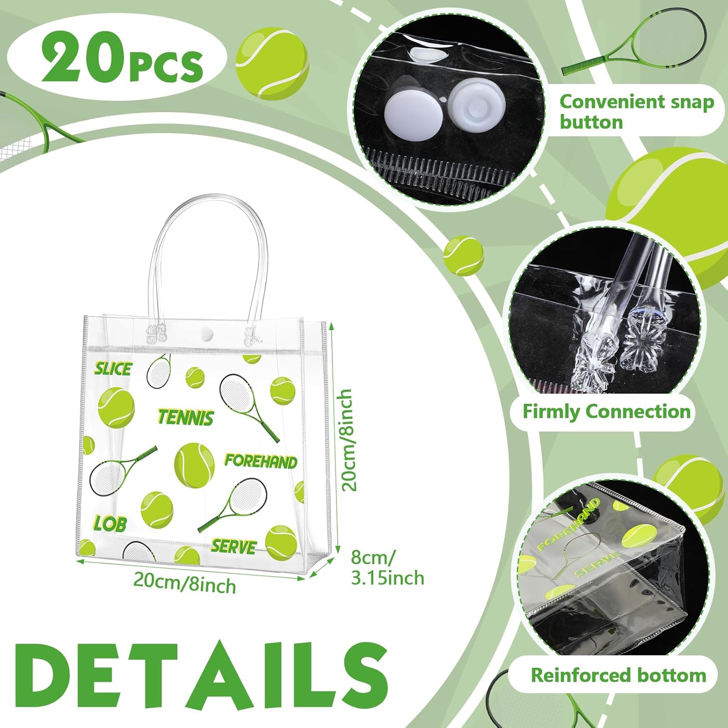 Aliceset 20 Pcs Tennis Party Favor Bags with Handles Tennis Themed Candy Treat Bags Sport Party Goodies for Team Snack Wrapping Birthday Decoration, 8 x 8 x 3.15 Inch - Image 2