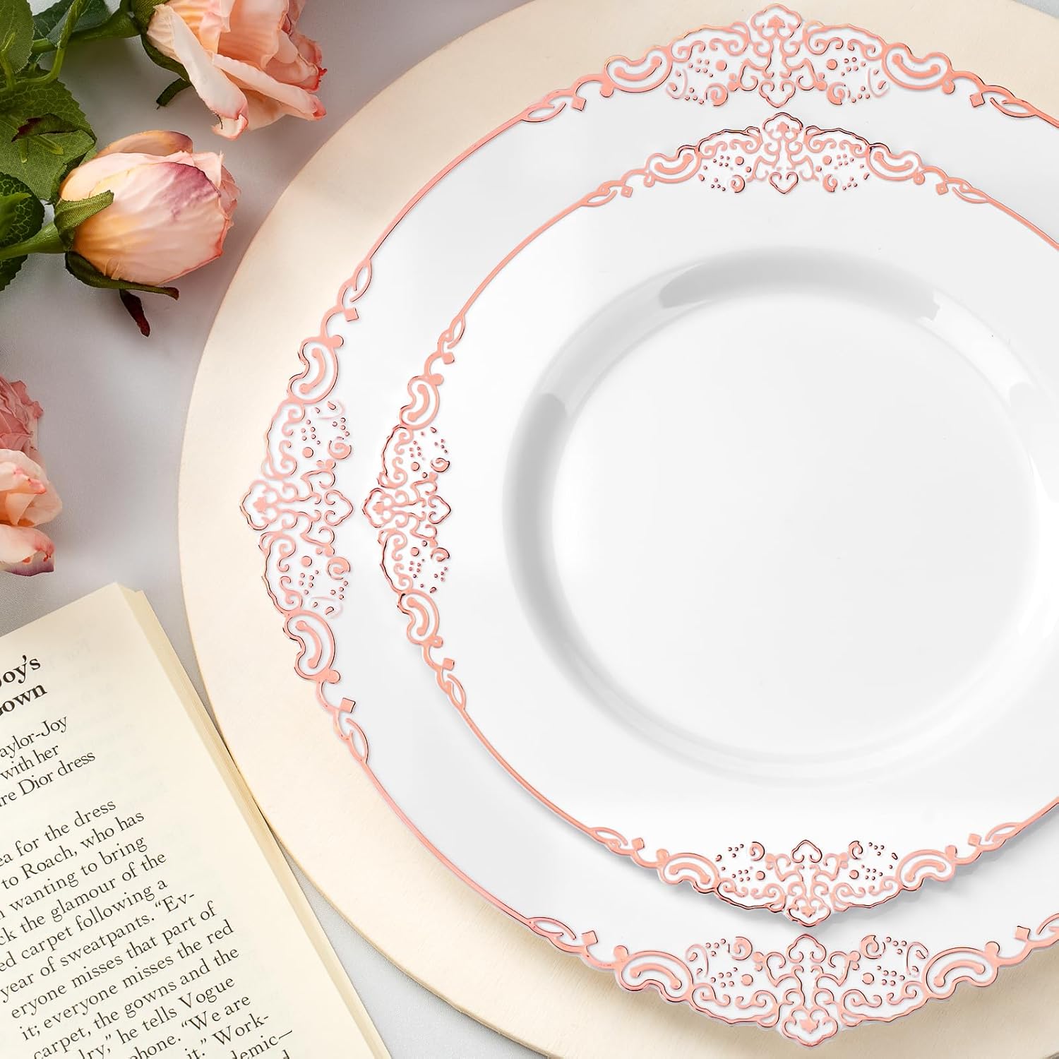 Bestluck 350PCS Rose Gold Plastic Plates for 50 Guests, Disposable Dinnerware Sets Include 100 Rose Gold Rim Plastic Plates, 50 Silverware and Cups, 50 Pre Rolled Napkins for Party, and Graduation - Image 3