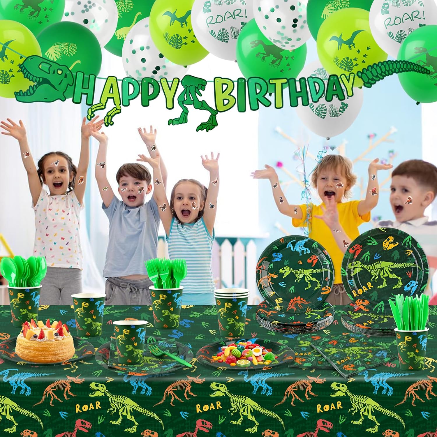 208pcs Dinosaur Birthday Party Decorations For Boys, Dinosaur Themes Birthday Party Supplies Serve 20 with Disposable Plates,Napkins,Cups,Cutlery Set, Banner,Tablecloth,Cake Topper,Ballons,Stickers - Image 5