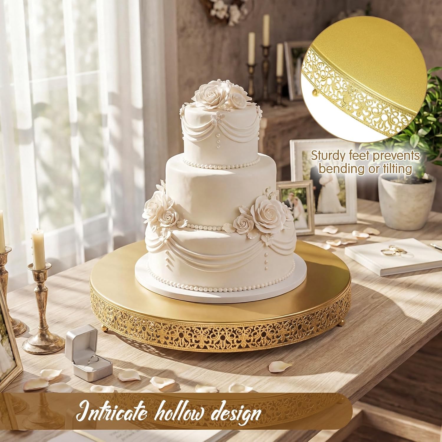 Wenqik 20 Inch Gold Cake Stand Set Metal Round Cupcake Dessert Stand with Cake Cutting, Spatula Wedding Cupcake Pastry Display Candy Holder Display for Wedding Party Birthday Baby Shower(Classic) - Image 3