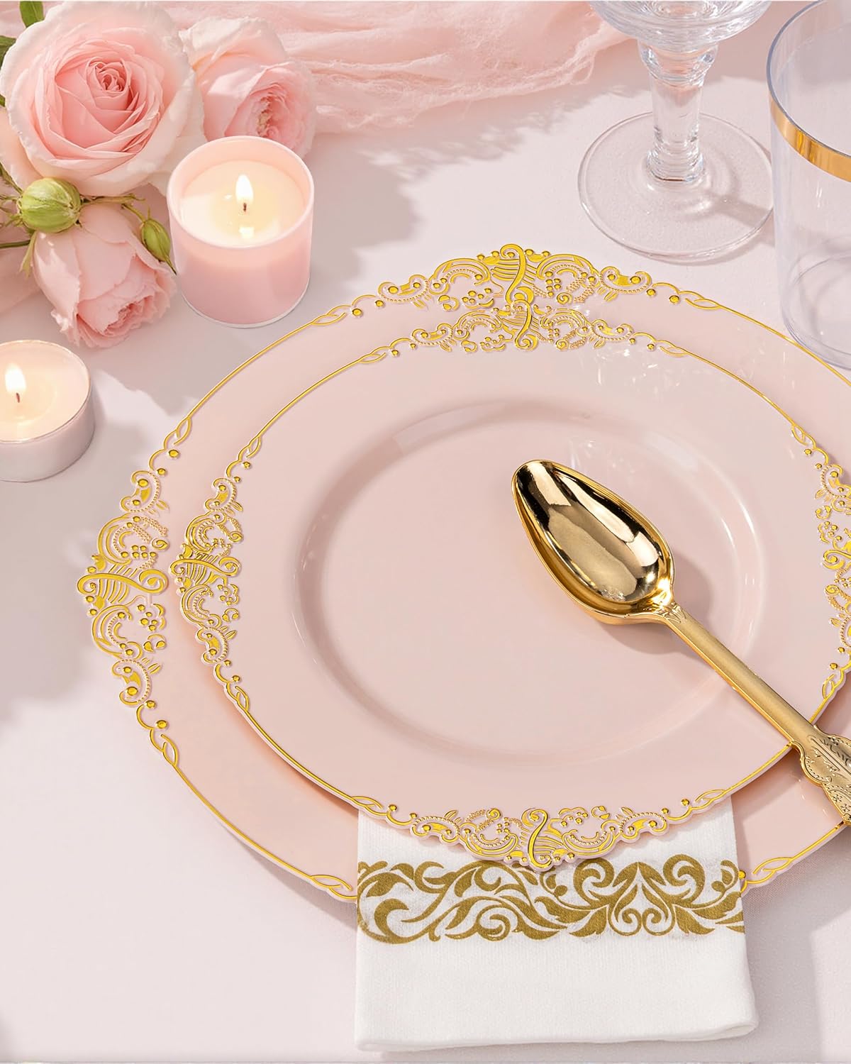 Nervure 350PCS Pink Plastic Plates - Pink Plastic Dinnerware Sets for 50 Guests - 100 Disposable Plates, 150 Gold Silverware, 50 Cups, 50 Napkins Perfect for Wedding & Party - Image 2