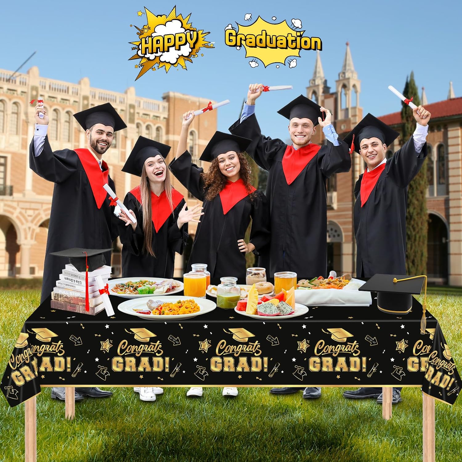 2 Pack Graduation Tablecloth - Congrats Grad Table Cloths, Plastic Disposable Rectangle Black Gold Class of 2026 Table Cover for Graduation Tables Decorations Party Decor Supplies Favors,108 x 54 Inch - Image 7