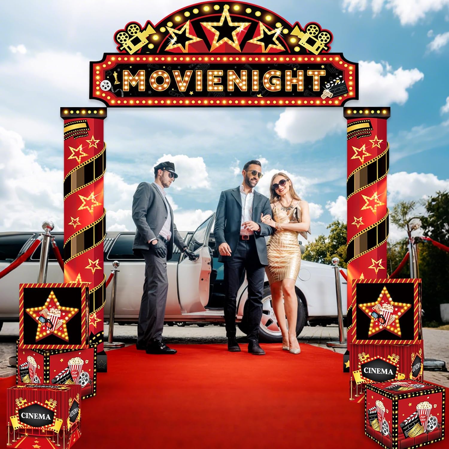 10 Pcs Movie Themed Party Decorations Porch Sign Banner with 6 Movie Party Decor Boxes, Movie Night Decorations Red Carpet Party Decoration for Home Film Backdrop, Birthday Supplies - Image 5