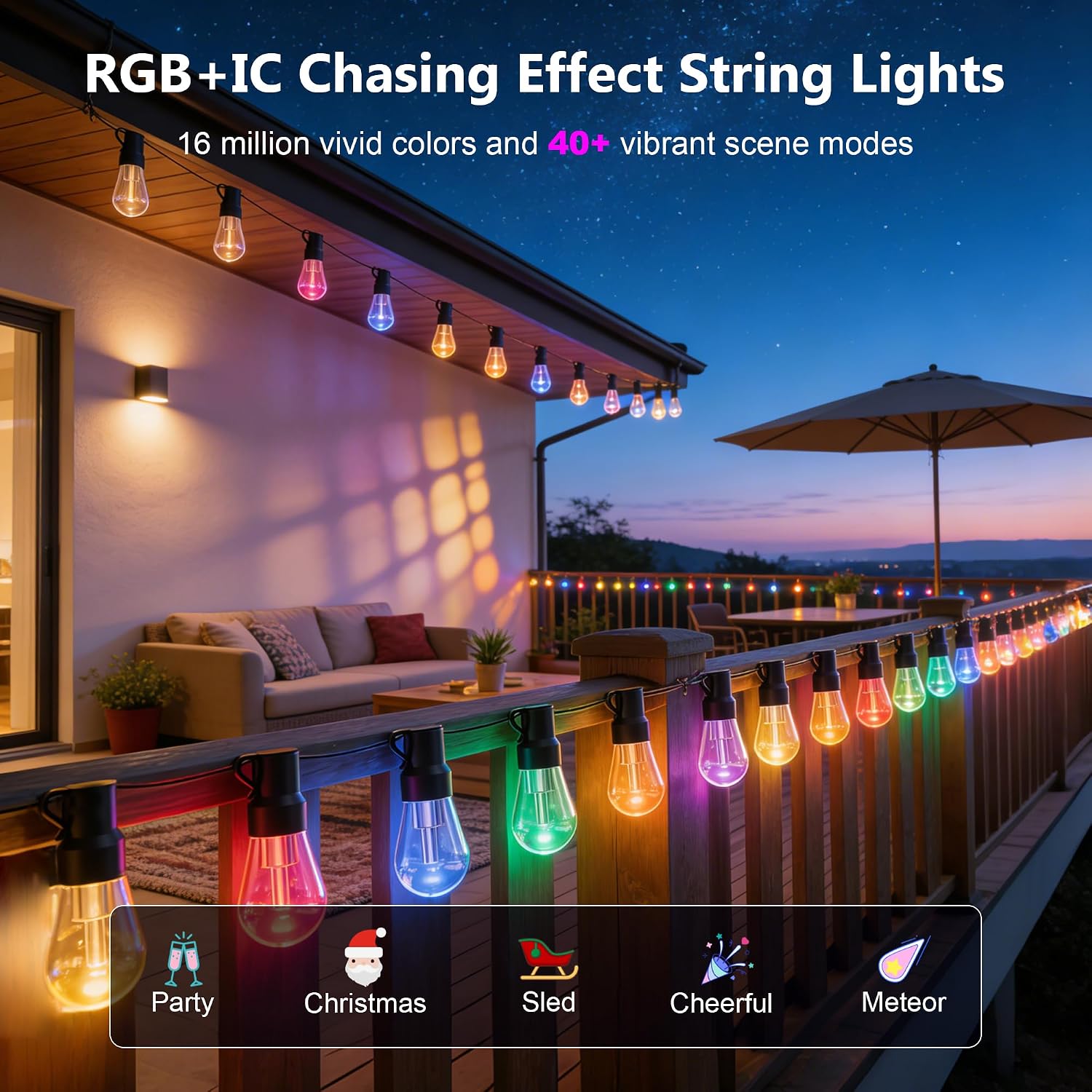 Beizelte Outdoor String Lights, 150FT RGB+IC Outside Light Dimmable Shatterproof LED Bulbs, IP67 Waterproof Chasing Effect Lighting DreamColor Patio Strip Lights for Backyard, Balcony, Outdoor Living - Image 3