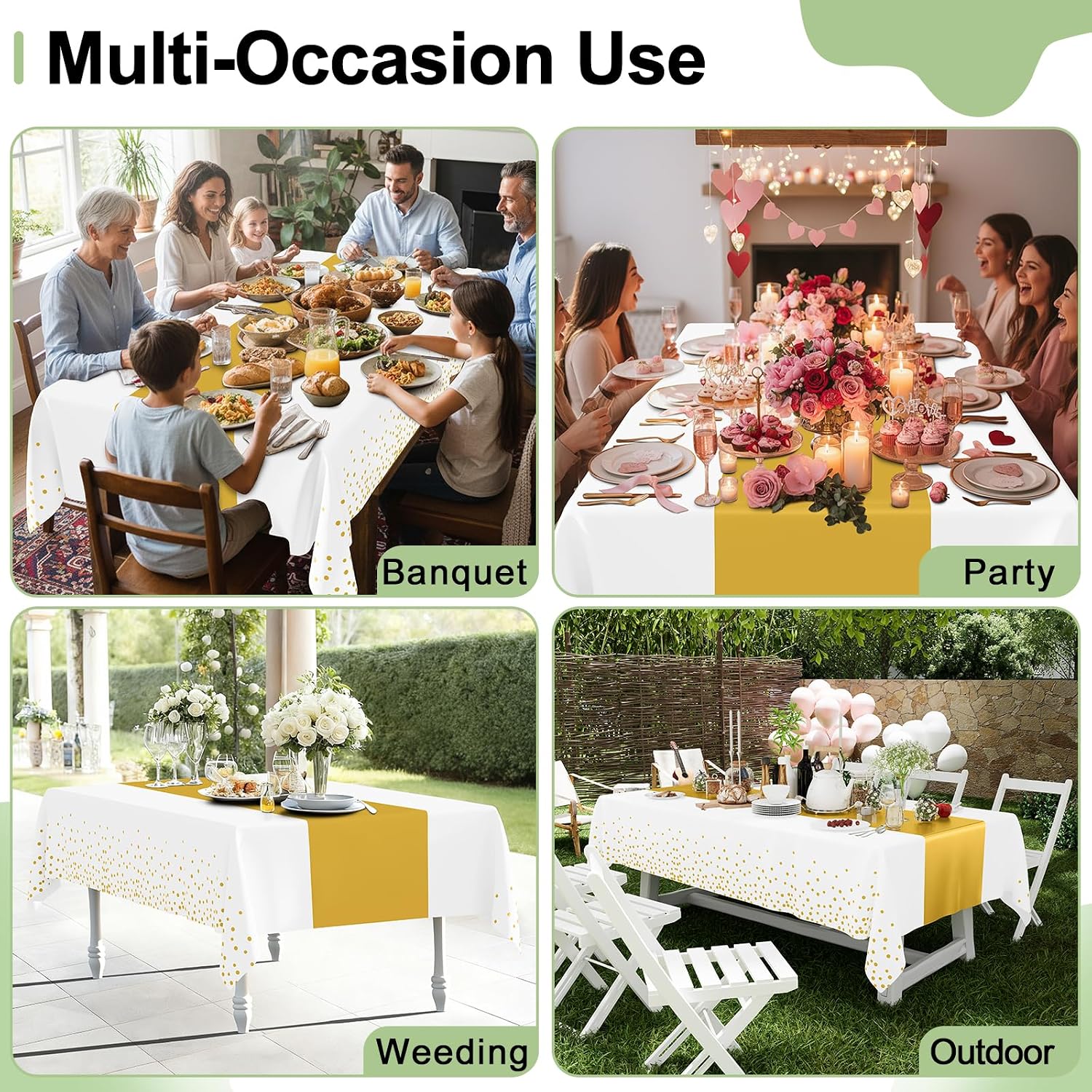 Smiry Plastic Table Cloth Disposable 3 Pack, 54 x 108 Inch Rectangle Waterproof Tablecloth, Printed Gold Table Runner Style for Birthday Weeding, Party Decorations, Leakproof & Sturdy, White and Gold - Image 7