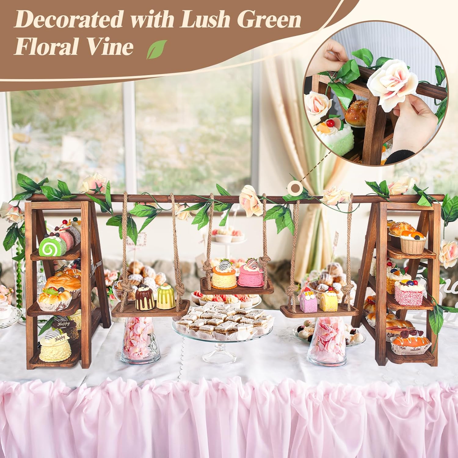 Wisreach Upgraded Large Wooden 3 Tier Swing Cupcake Stand with Flower Decor, Removable Trays, Foldable Ladder Display for Cake, Snacks, Fruit, Bread, Party & Catering Centerpieces - Image 6