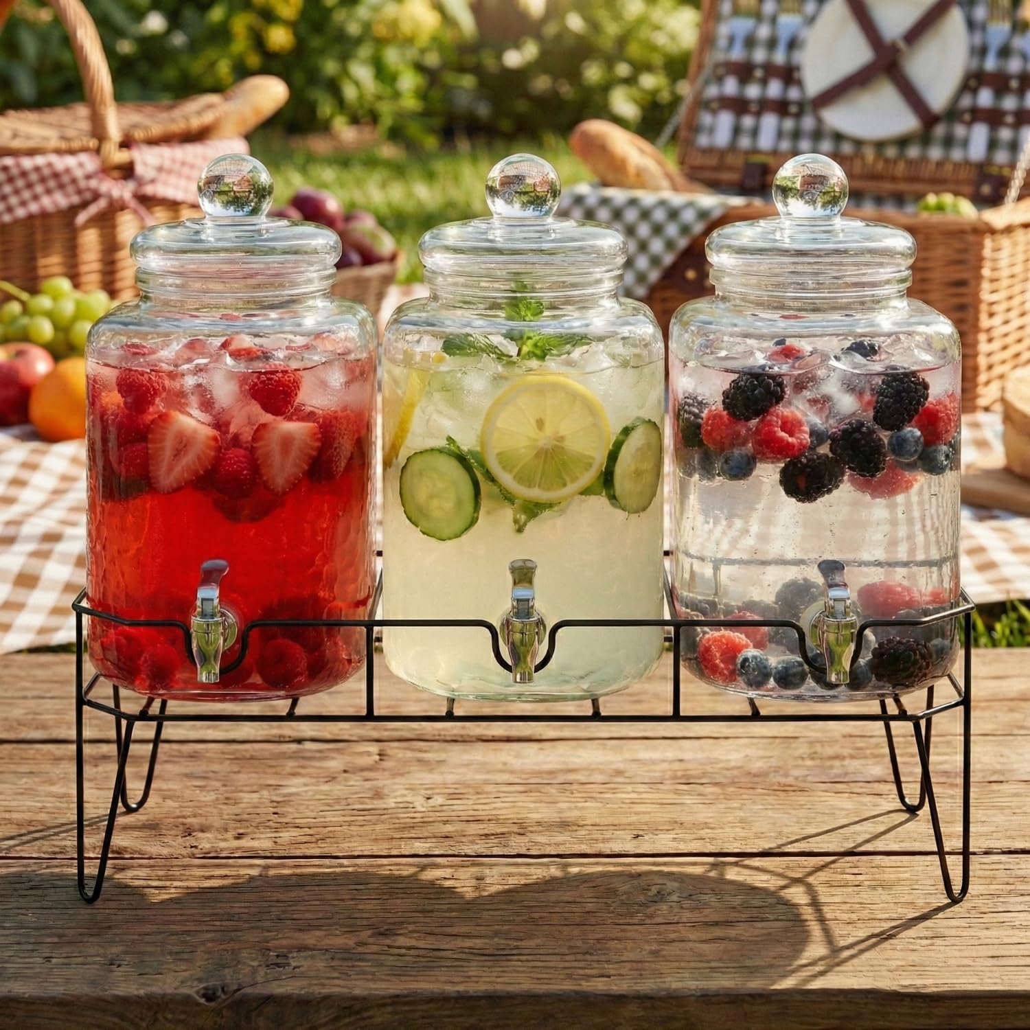 Style Setter Premium Glass Drink Dispensers with Metal Stand for Parties – Beverage Dispenser Set for Cold Drinks, Lemonade, Cocktails, Juice – Party Glass Drink Dispenser Station - 1.5 Gal, Set of 3 - Image 2