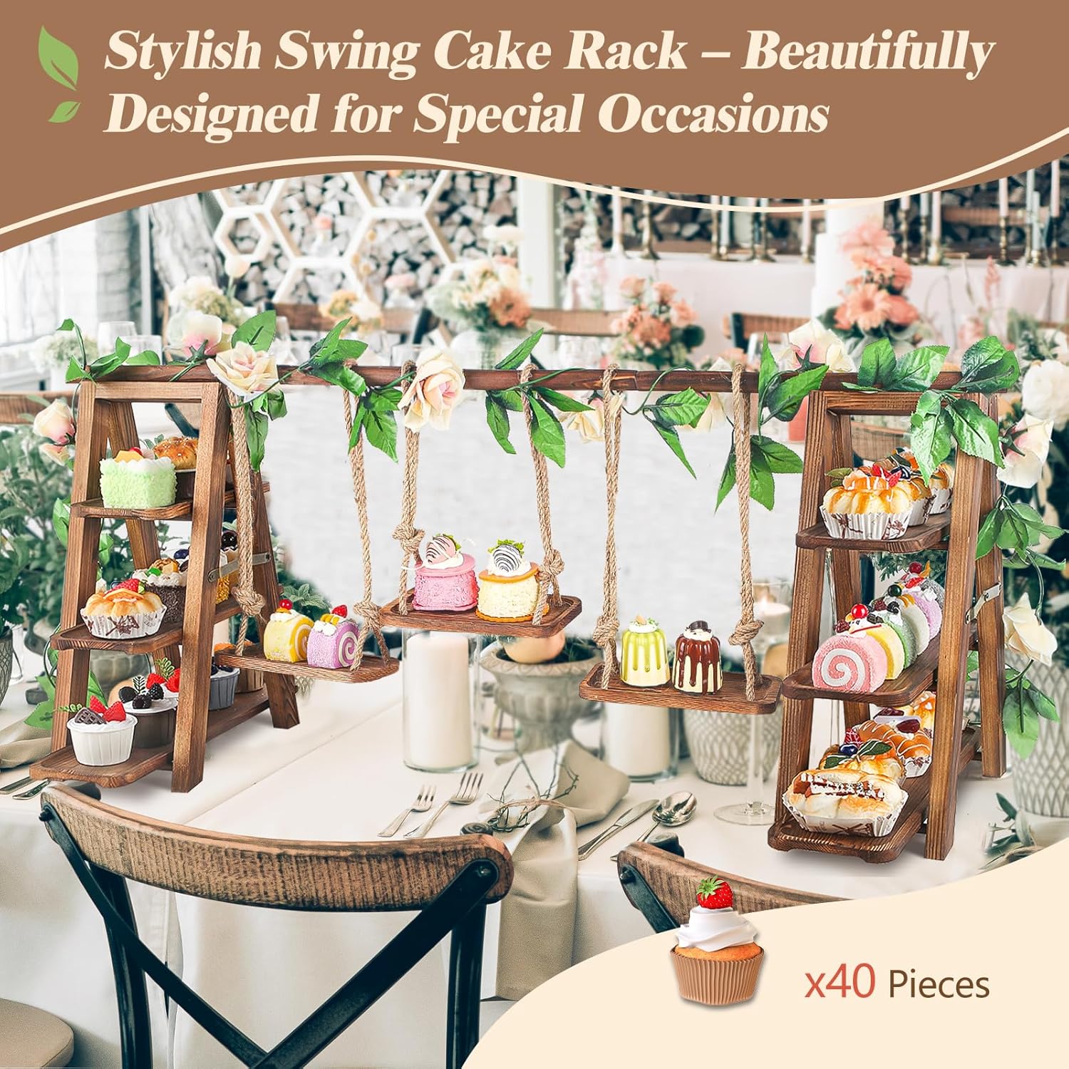 Wisreach Upgraded Large Wooden 3 Tier Swing Cupcake Stand with Flower Decor, Removable Trays, Foldable Ladder Display for Cake, Snacks, Fruit, Bread, Party & Catering Centerpieces - Image 2