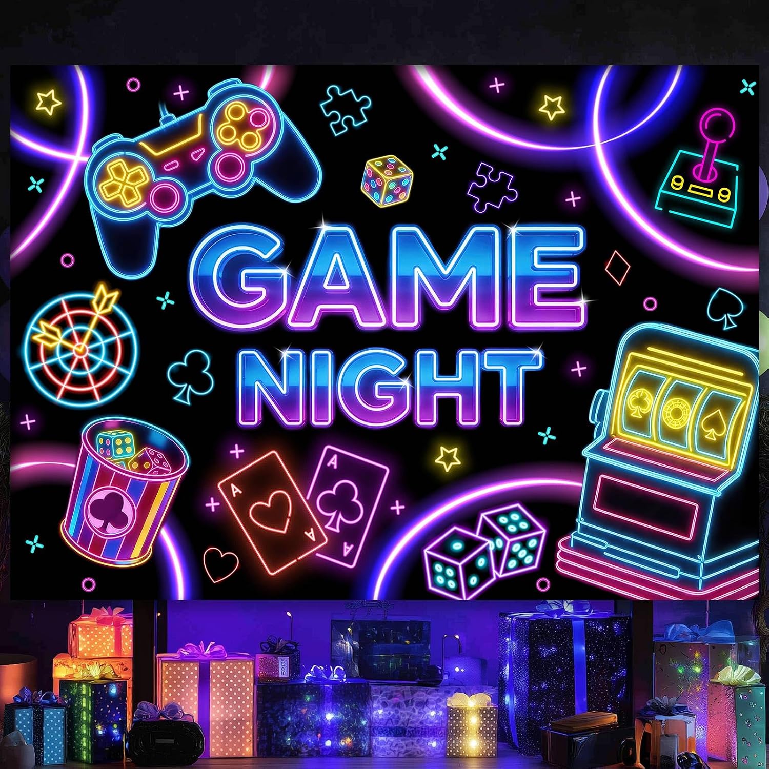 Mocsicka Game Night Theme Photography Backdrops Glow Neon Photo Background for Game On Birthday Party Decor Sleepover Slumber Prom Gaming Party Cake Table Decor Photobooth Supplies (7x5ft) - Image 3