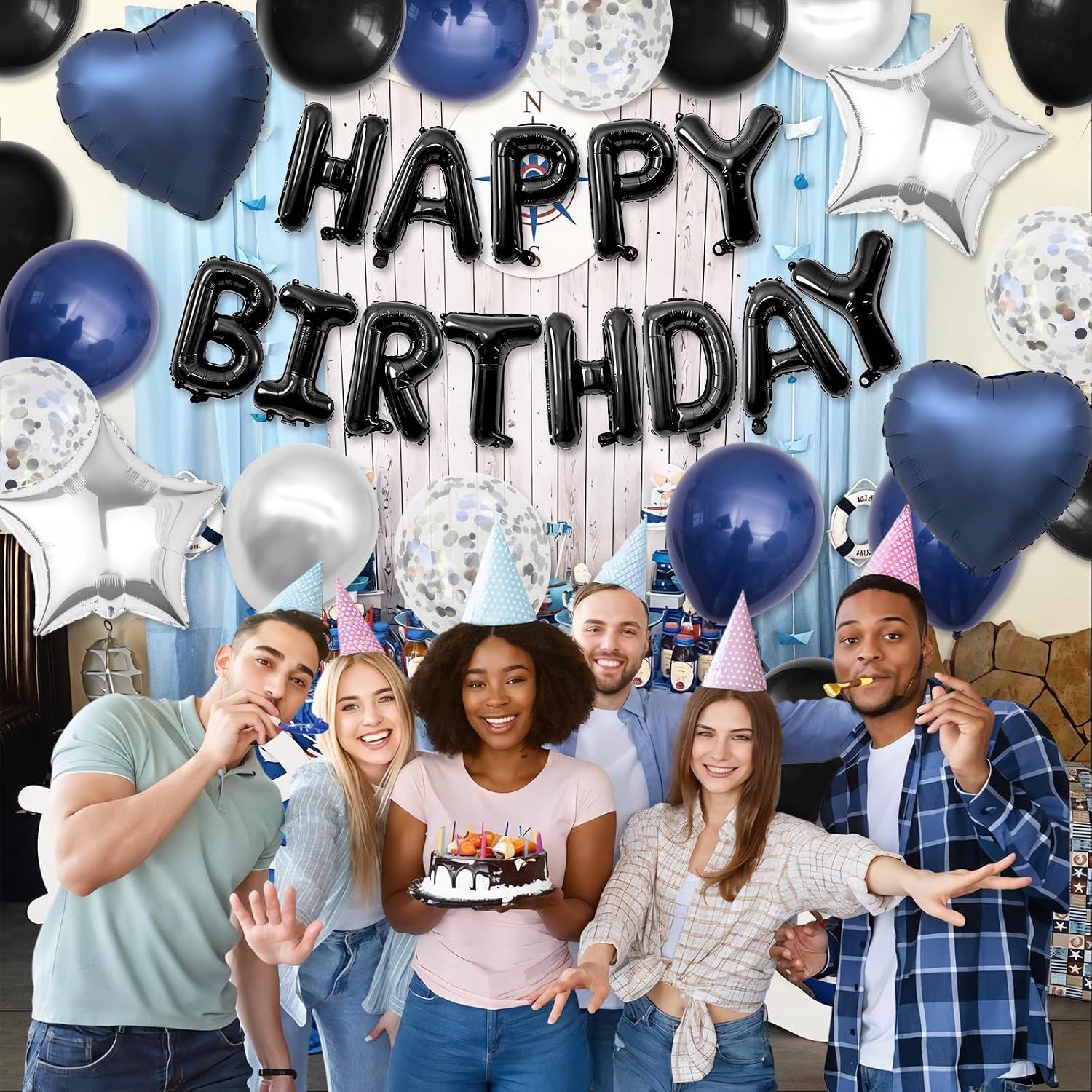 Navy Blue and Black Birthday Decorations for Men,Blue Black White Balloons Happy Birthdays Balloon Banner Silver Confetti Balloons for Men Boy Girls Women Adults Birthday Party Decorations - Image 8