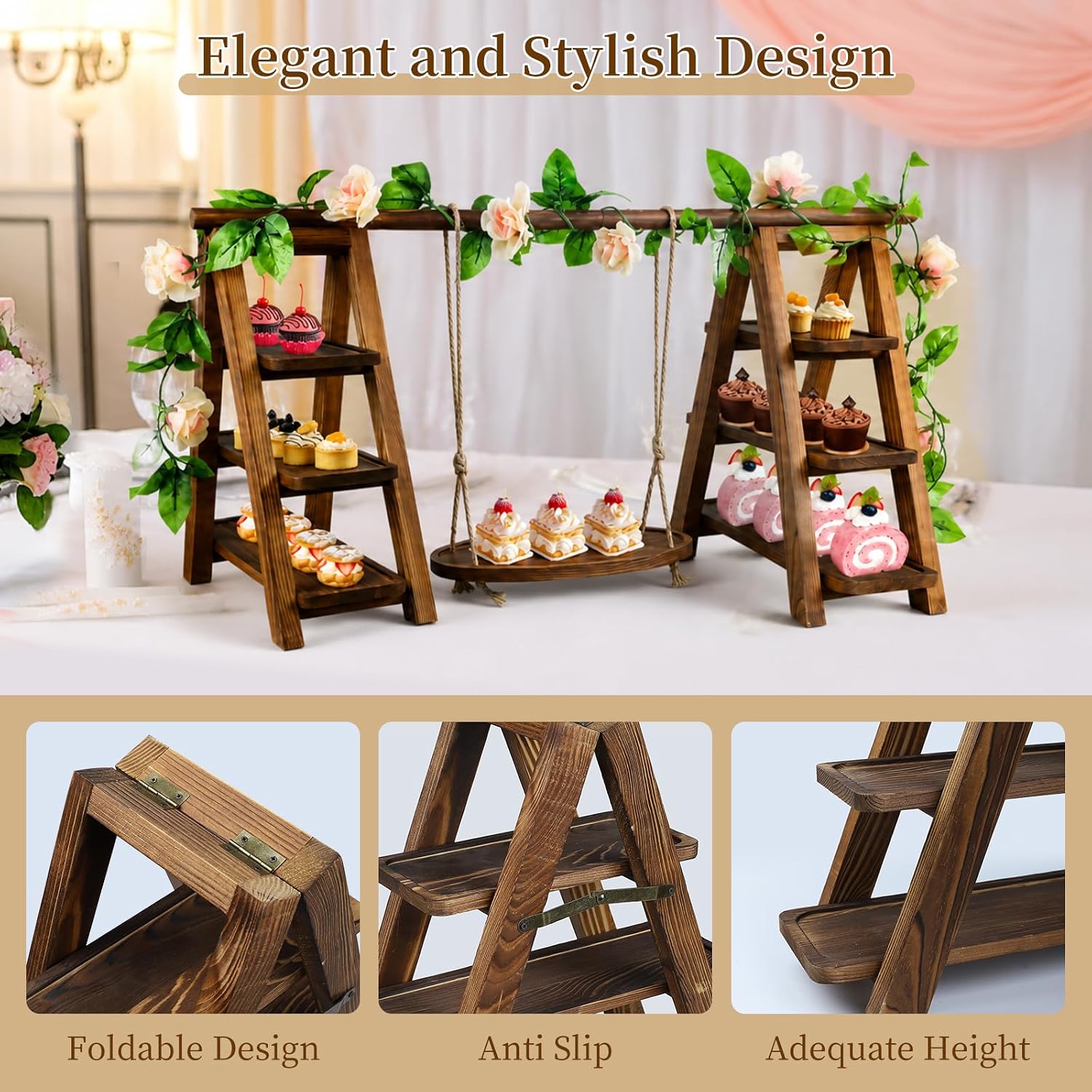Large Wooden 3 Tier Swing Cupcake Stand with Flower Decor, Removable Trays, Foldable Ladder Display for Cake, Snacks, Fruit, Bread, Party & Catering Centerpieces - Image 4