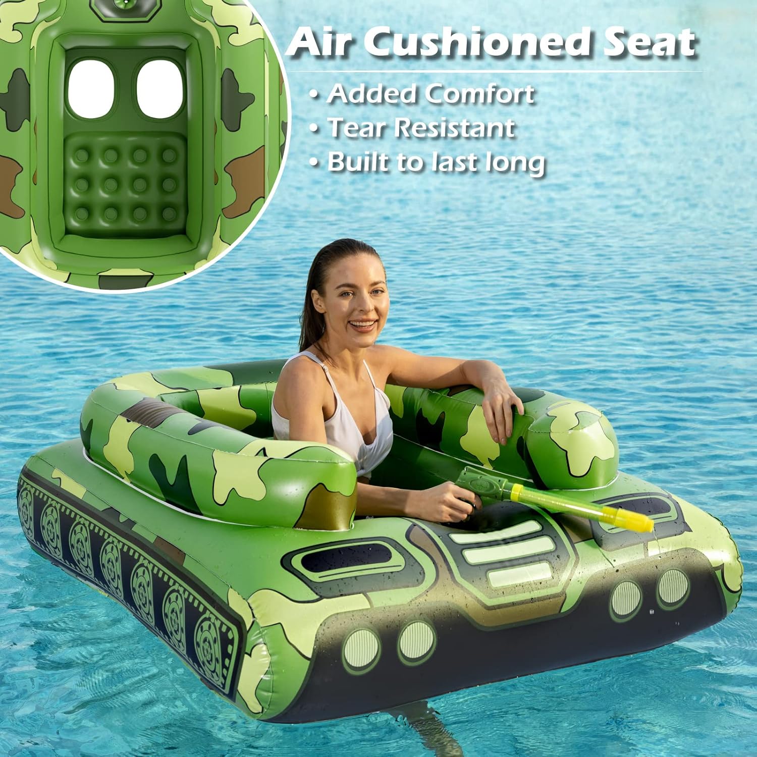Tank Pool Floats Kids Adults - Jasonwell Inflatable Pool Floaties Swimming Pool Tank with Water Cannon Gun Swim Floaty Rafts Lake Beach Party Pool Toys for Boys Girls Toddlers Kids Adults (Green, L) - Image 3