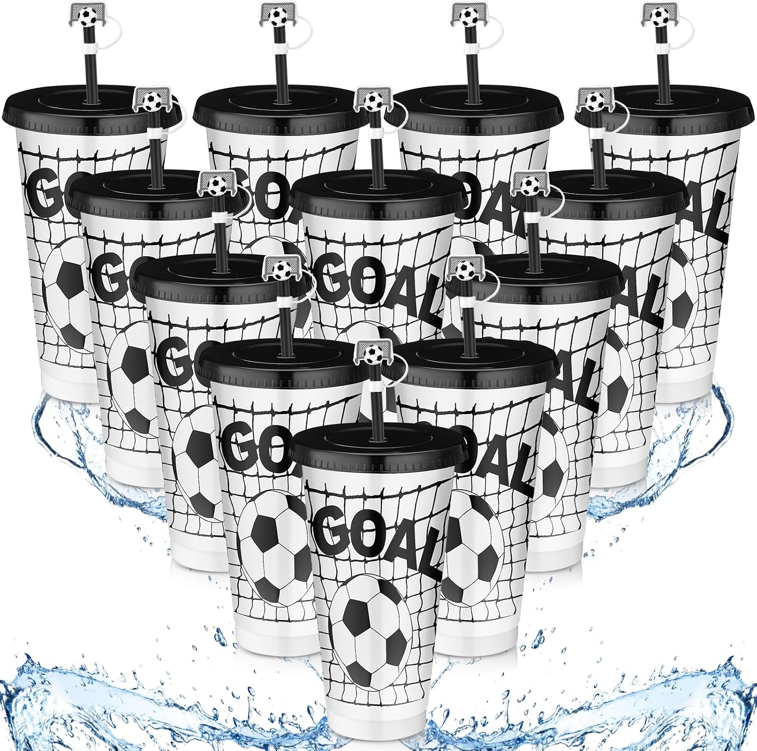 Domensi 12 Pcs Soccer Plastic Tumbler with Lid and Straw 24oz Reusable Plastic Cups with Straw Cover Caps Gifts for Fan Friend Guest Birthday Office Christmas Sport Party Supplies (Black White Soccer)
