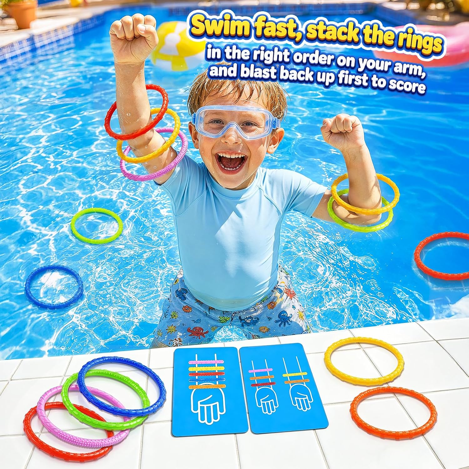 DISHIO Pool Diving Toys for Kids, Underwater Treasure Hunt Game with Pirate Chest, Diving Rings, 56PCS Gems, 40PCS Game Bingo Cards and Mesh Bag Swimming Pool Games Summer Toys for Boys Girls 4-12 - Image 5