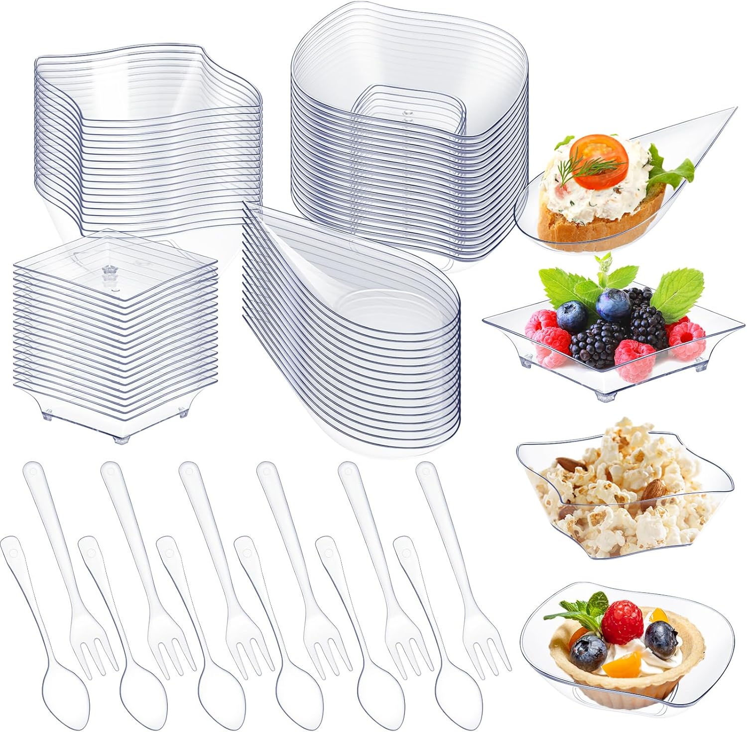 Tessco for you 200 Pcs Mini Appetizer Plates with Spoons Forks Disposable Mini Dessert Plates Plastic Appetizer Bowls Tiny Individual Serving Trays for Party (Classic Style,Clear)