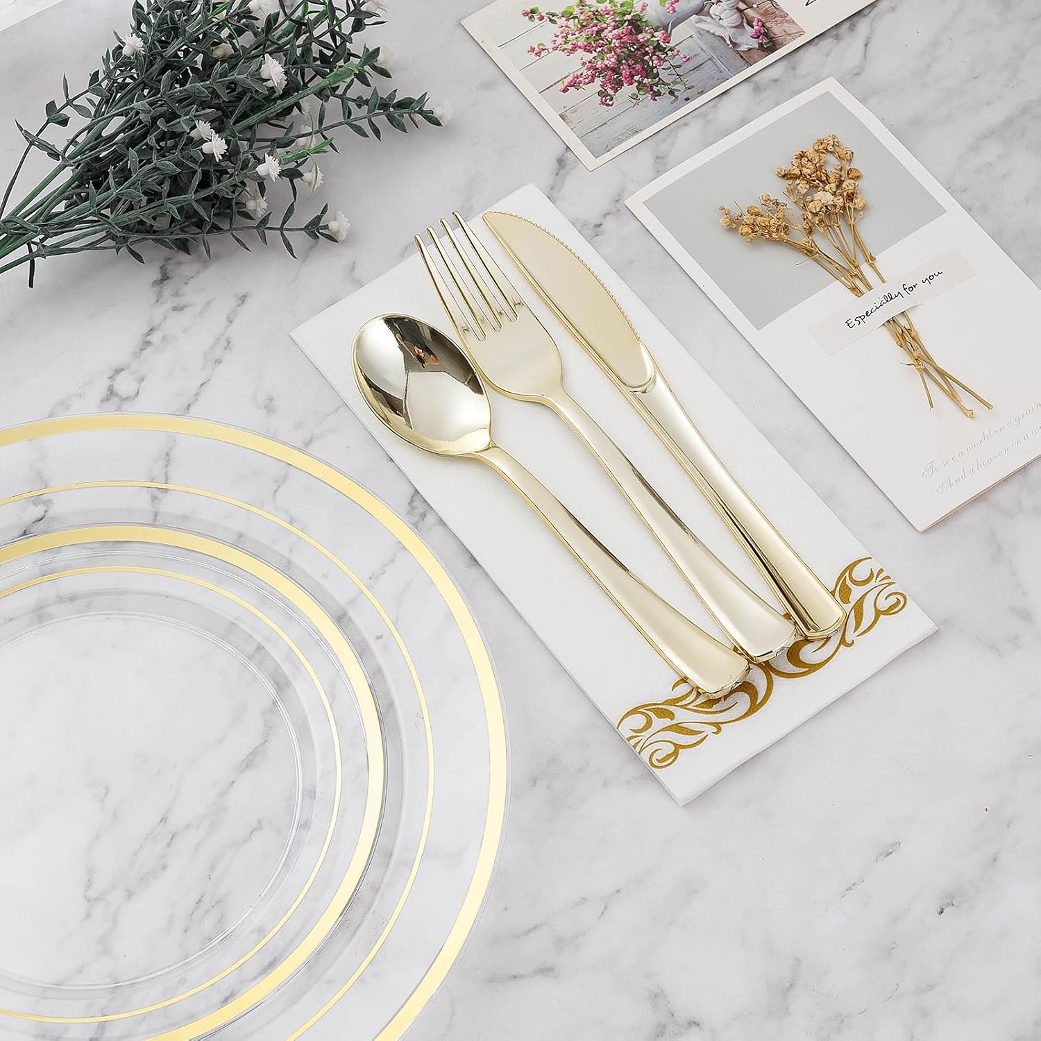 BESTVIP 700PCS Clear Gold Disposable Dinnerware Set for 100 Guests, Plastic Plates for Party, Wedding, Christmas, Include: 200 Plastic Plates, 100 Gold Silverware, 100 Cups, 100 Napkins - Image 6