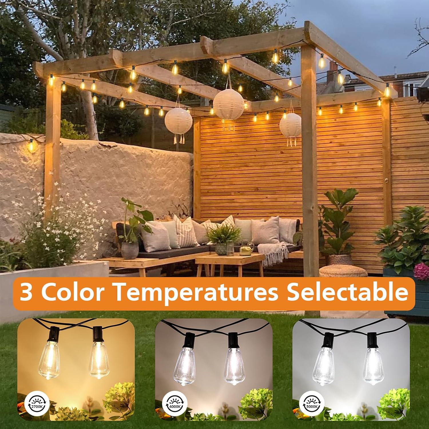 Brightever Dimmable Outdoor String Lights with Remote, 3 Colors in 1 LED Patio Light for Outside with 25+1 ST38 Edison Bulbs, 50FT 3 Modes Gazebo Lighting Waterproof for Camping, 2700K/4000K/5000K - Image 5