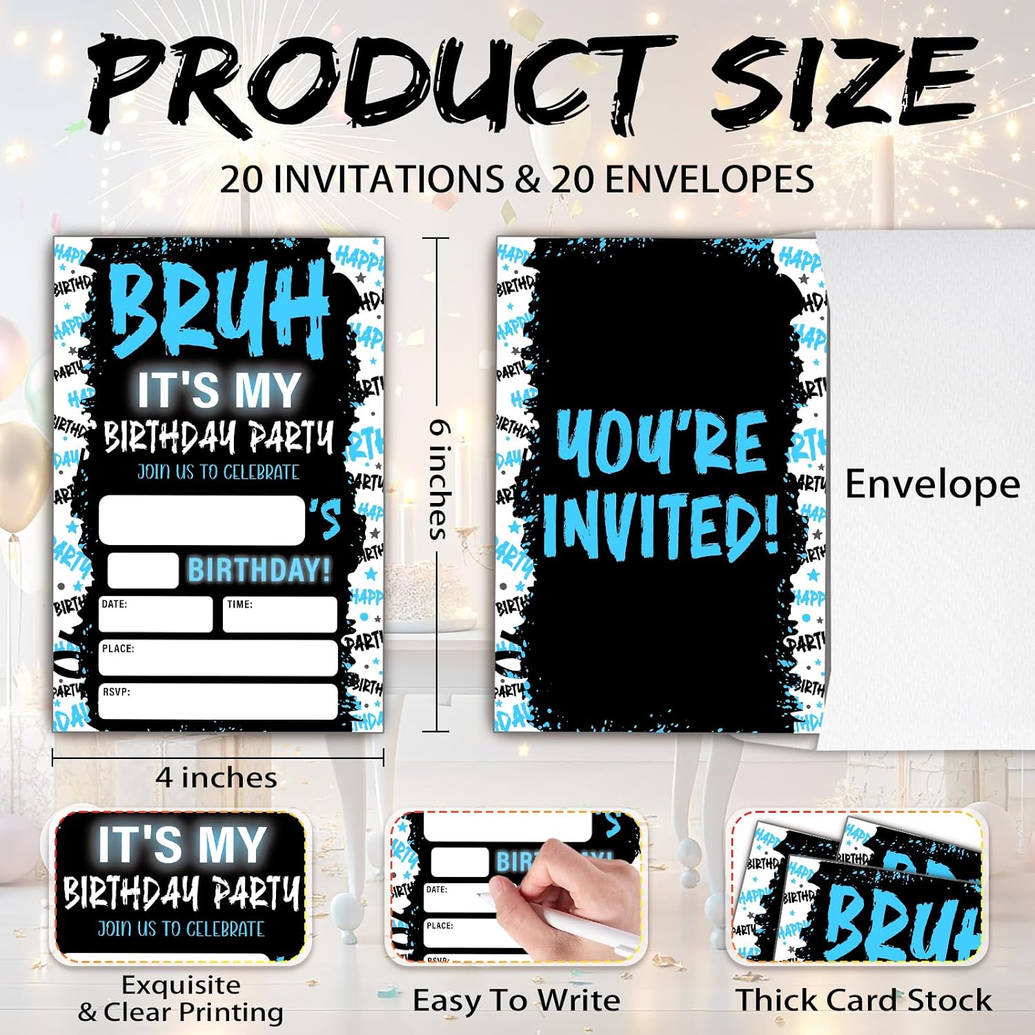 Bruh It's My Birthday Party Invitations, 20Pcs Blue Fill In Invitation Cards with Envelopes, Double Sided You're Invited Cards for Boys Teen Kids Birthday Supplies (4x6 inch) - Image 2