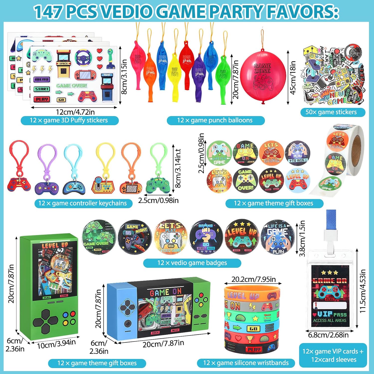 147 Pcs Video Game Party Favors for 12 Kids Gamer Goodie Bag Stuffers for Boys Gaming Birthday Party Supplies with Gift Boxes, VIP Pass, Balloons, Bracelets, Keychains, Badges, 3D Stickers - Image 2