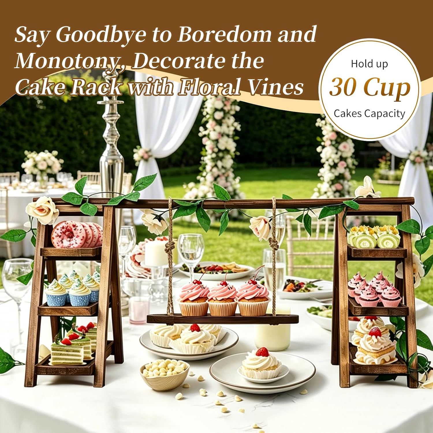 Large Wooden 3 Tier Swing Cupcake Stand with Flower Decor, Removable Trays, Foldable Ladder Display for Cake, Snacks, Fruit, Bread, Party & Catering Centerpieces - Image 6