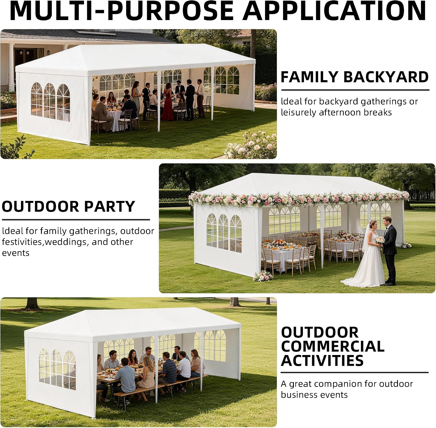 Outdoor 10' x 30' White Party Canopy Tent with 8 Removable Sidewalls, Party Shade Shelter Feet Tent with Transparent Windows for Backyard,BBQ, Weddings, Gatherings, Events (White, 3 * 9) - Image 6