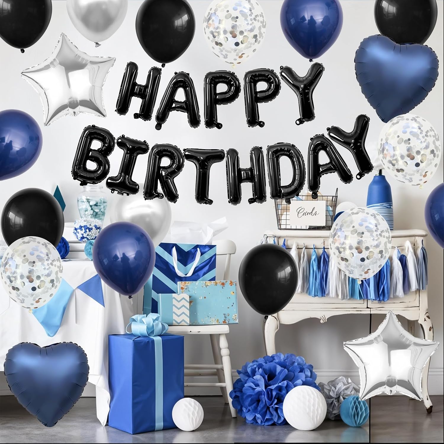 Navy Blue and Black Birthday Decorations for Men,Blue Black White Balloons Happy Birthdays Balloon Banner Silver Confetti Balloons for Men Boy Girls Women Adults Birthday Party Decorations - Image 5