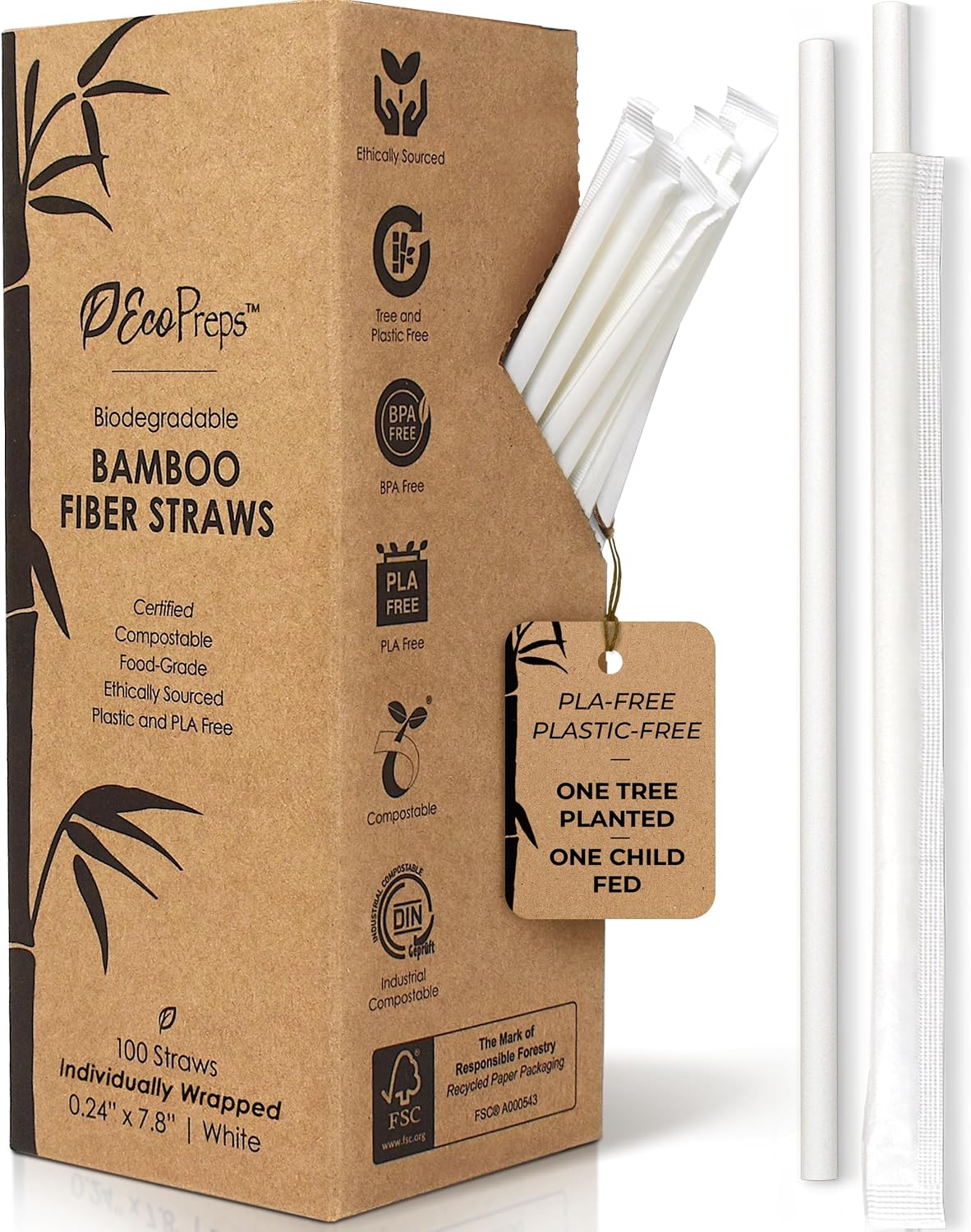 EcoPreps Biodegradable Bamboo Fiber Straws, Plastic-Free Individually Wrapped Straws | 100 Count, 100% Compostable, Eco-Friendly Drinking Straw | 7.8'' Plant Fiber Disposable Straw in White Paper Wrap