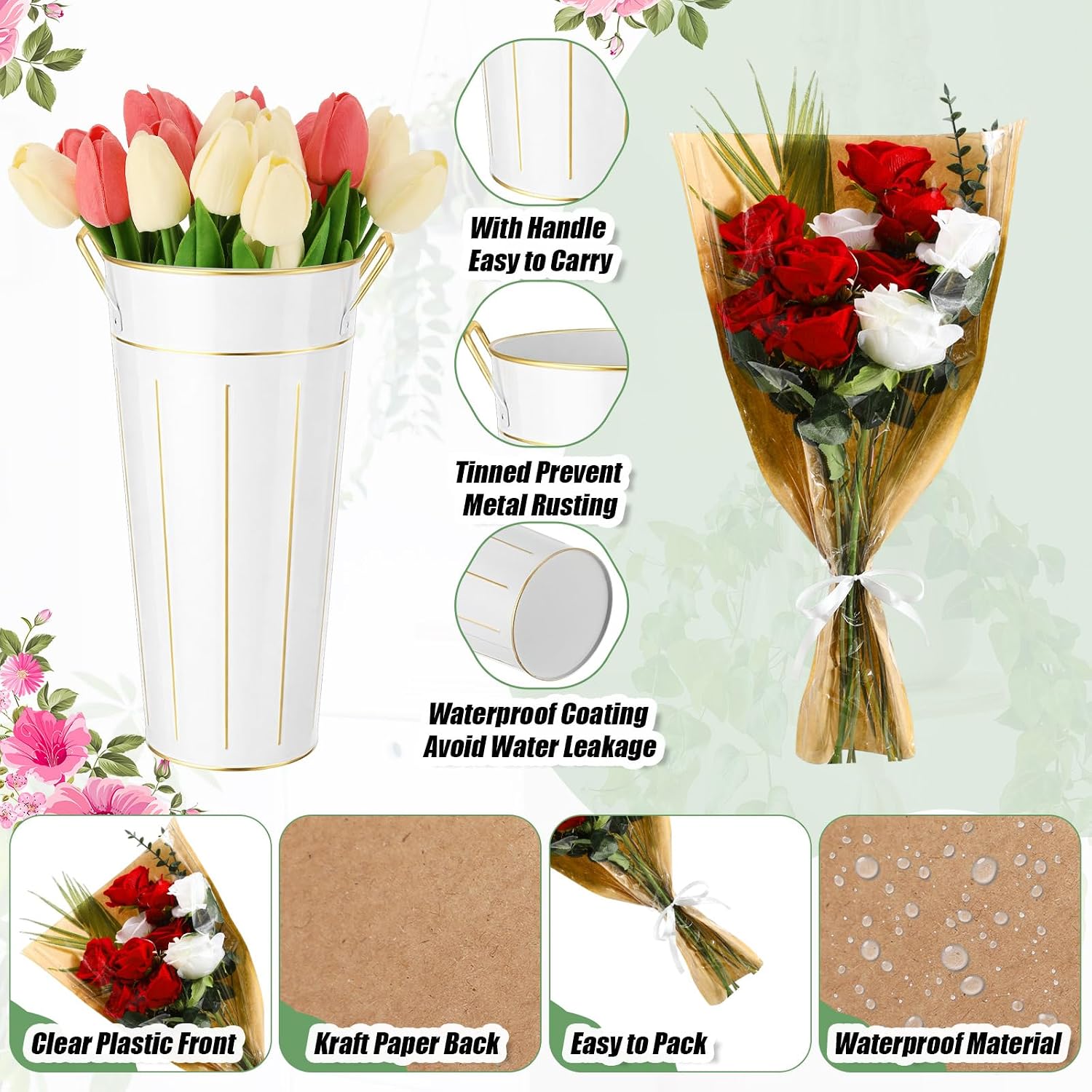 LemonRoad 56 Pcs Flower Bar Buckets Set Kit 6 Pcs Galvanized Bucket Bar 50 Packs Paper Gift Bags for Wedding, Bridal Shower, Graduation Birthday Table Centerpiece(Transparent,Galvanized Iron,11.8inch) - Image 3