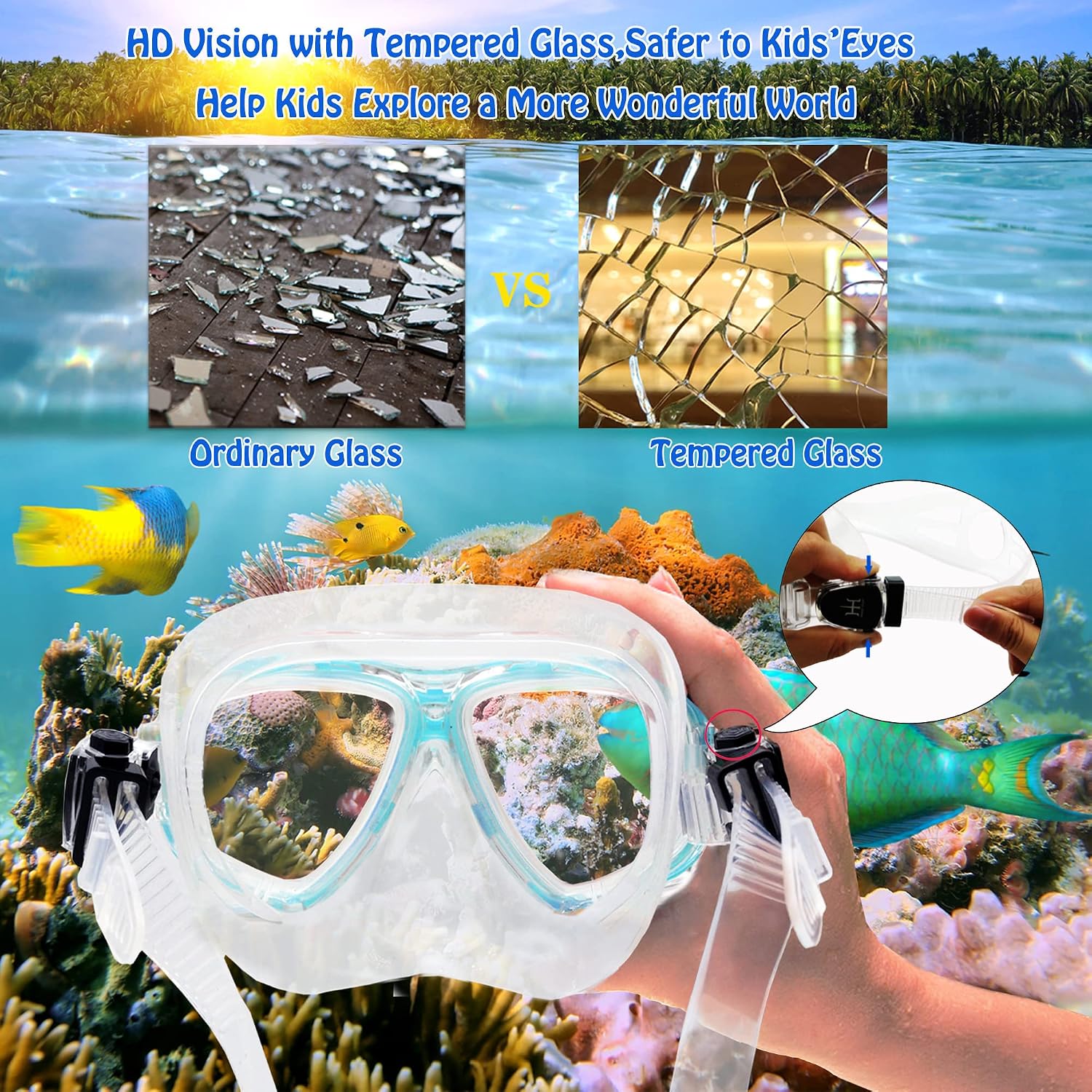 Kids Mask Fins Snorkel Set Snorkeling Packages, with Diving Mask, Snorkel, Adjustable Swim Fins, Mesh Bag, Anti-Fog Anti-Leak Snorkeling Gear for Kids for Snorkeling Swimming Diving - Image 2