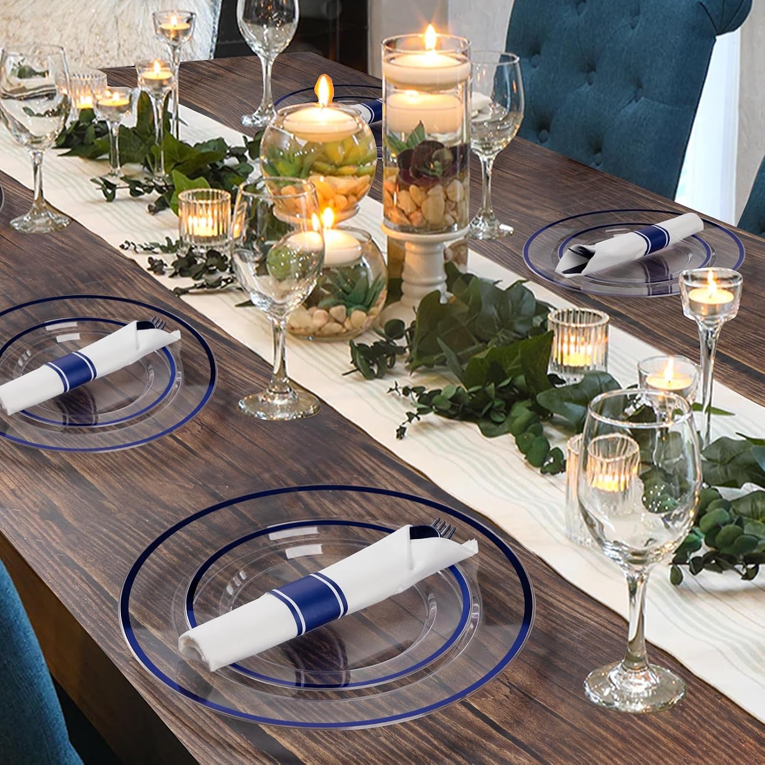 Goodluck 350 Piece Dark Blue Plastic Dinnerware Set for Party, Clear Disposable Plates for 50 Guests, Includes 100Plates, 50 Pre Rolled Napkins with Cutlery Set, 50 Cups, for Graduation, Birthday - Image 6