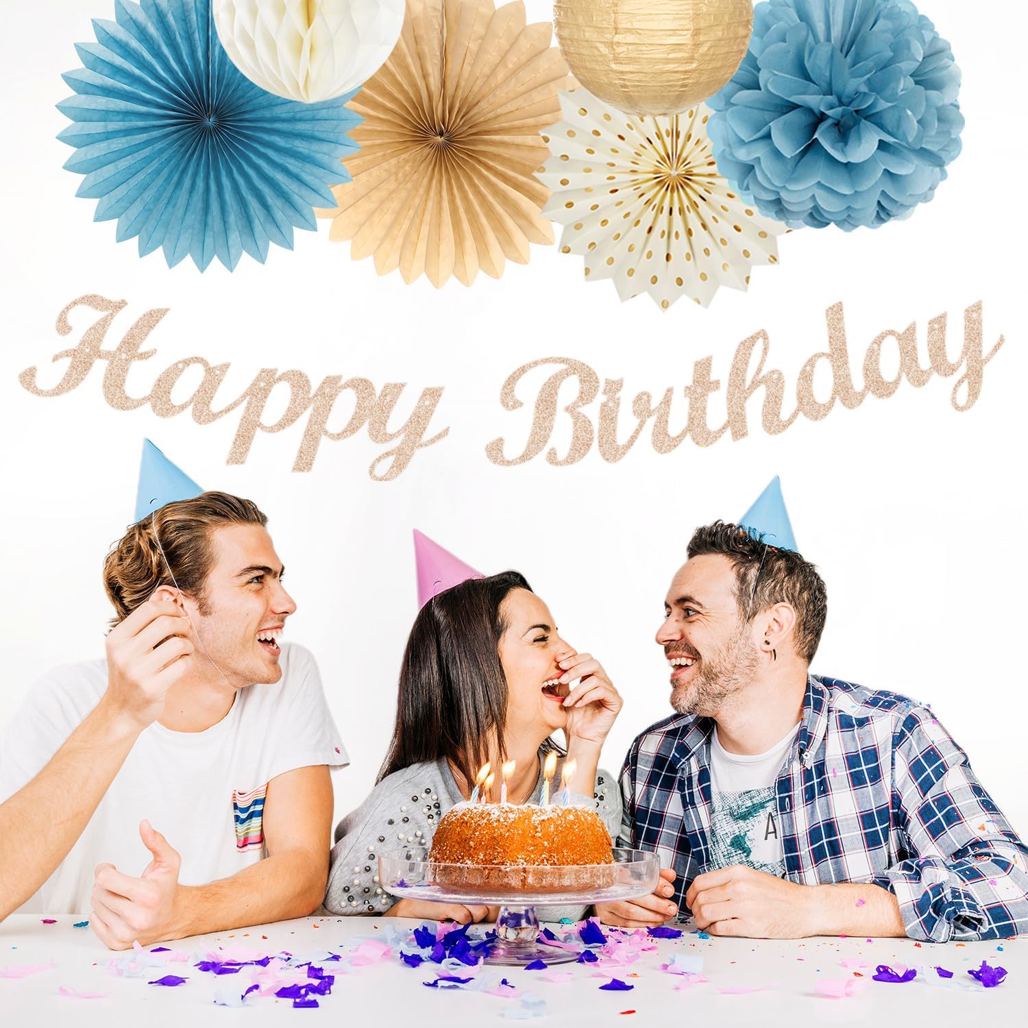 Light-Dusty Blue Beige-Champagne Women Birthday-Decorations - 21pcs Boho Neutral Happy Banner Garland,Paper Streamers Lanterns,Flower Tissue Pom Poms Fan Supplies,Wall Backdrop Party Decor Huglony - Image 4