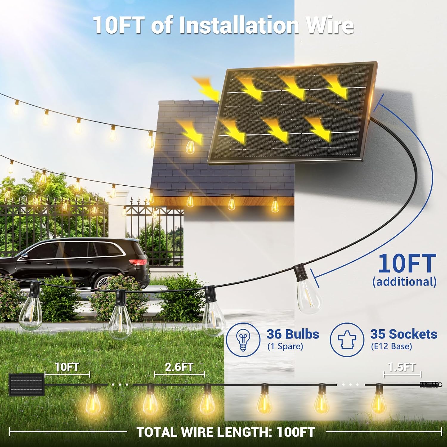 100FT Solar String Lights Outdoor Waterproof, 35+1 LED Solar Powered Lights with Remote Control, 3 Light Modes & Dimmable, USB-C Charging for Patio, Backyard, Garden, Camping - Image 6