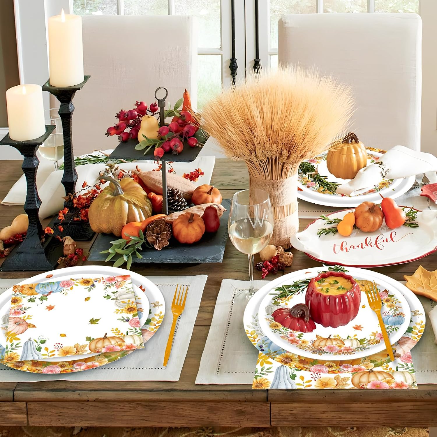 Fall Thanksgiving Paper Plates and Napkins Party Supplies Watercolor Pumpkin Maple Thanksgiving Disposable Tableware Banner Tablecloth Set Autumn Harvest Party Decorations for Table, 99Pcs Serves 24 - Image 6