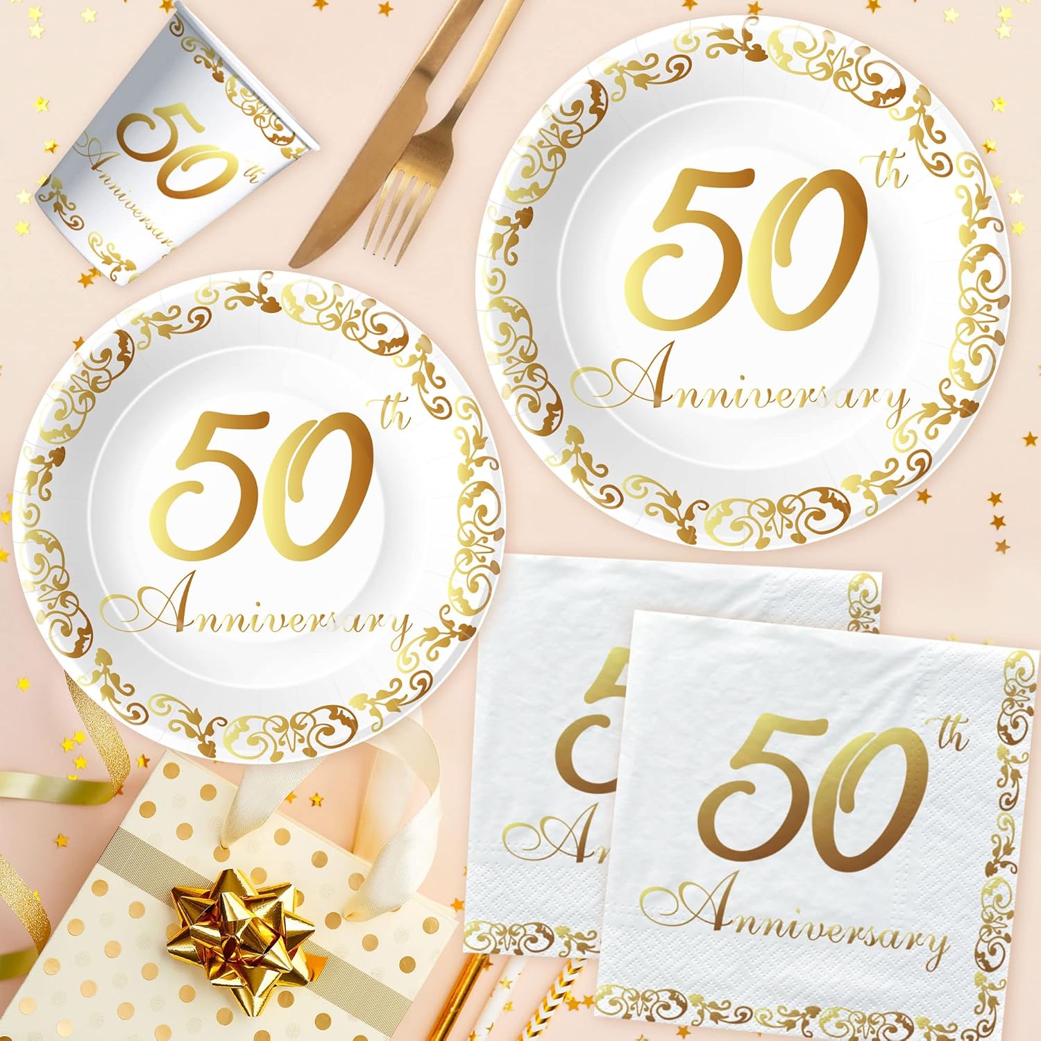 APOWBLS 50th Anniversary Decorations And Supplies Tableware - Golden 50th Wedding Anniversary Decorations Party Supplies, Paper Plate, Napkin, Tablecloth, Fork | Serves 24 - Image 3