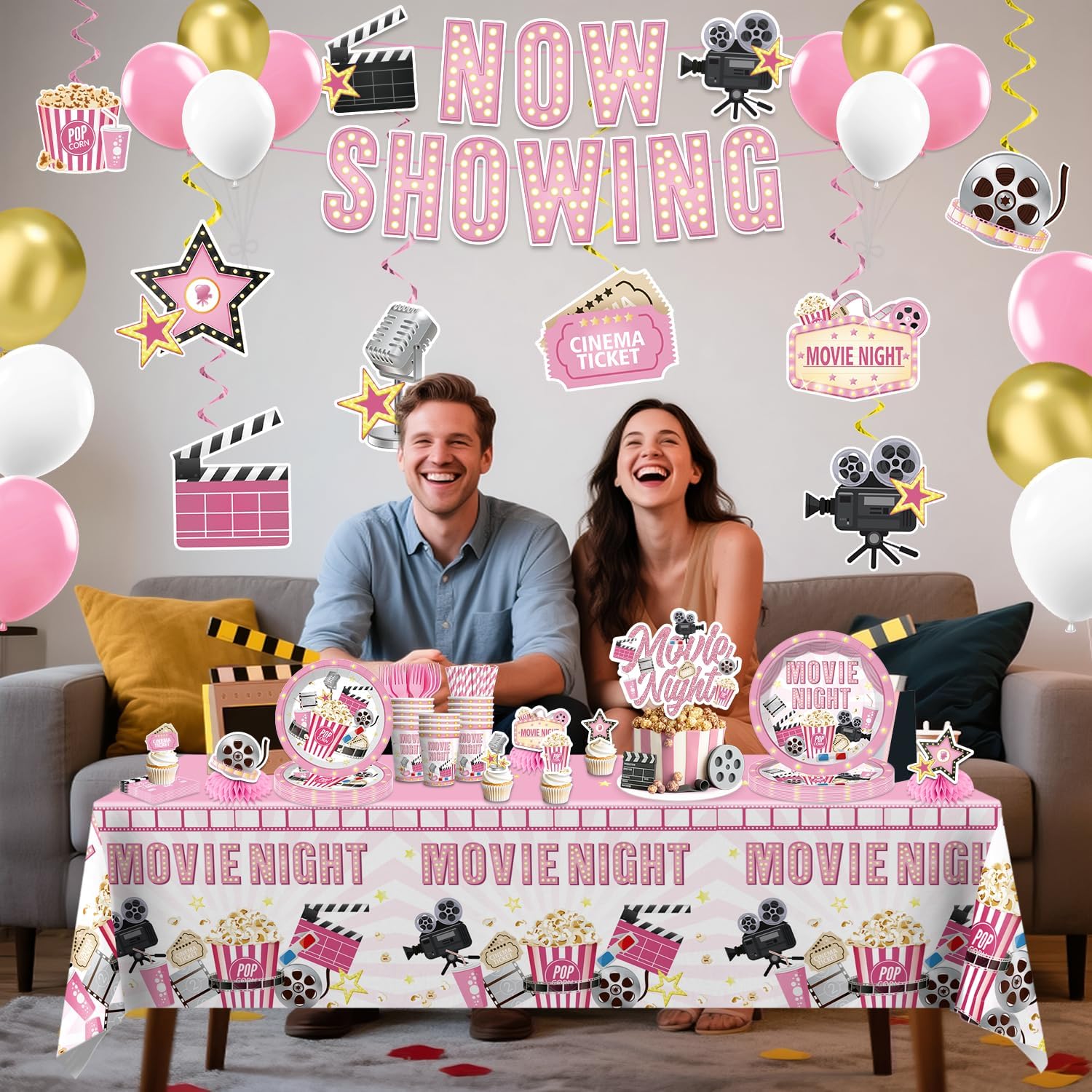 213 PCS Pink Movie Night Decorations, Movie Theme Party Supplies Service 25, with Now Showing Banner, Cake Topper, Balloons, Plates and Napkins for Movie Night Party - Image 4