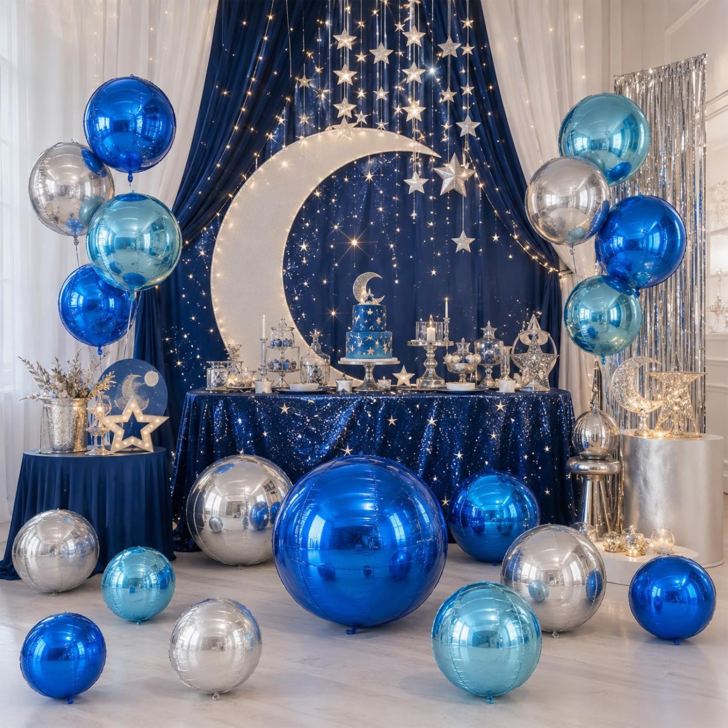 15 Pcs Blue and Silver Round Foil Balloons, 22/15/10 Inch 4D Ball Balloons Blue Silver Ball Balloon for Birthday Wedding Anniversary Baby Shower Party Graduation Decorations - Image 4