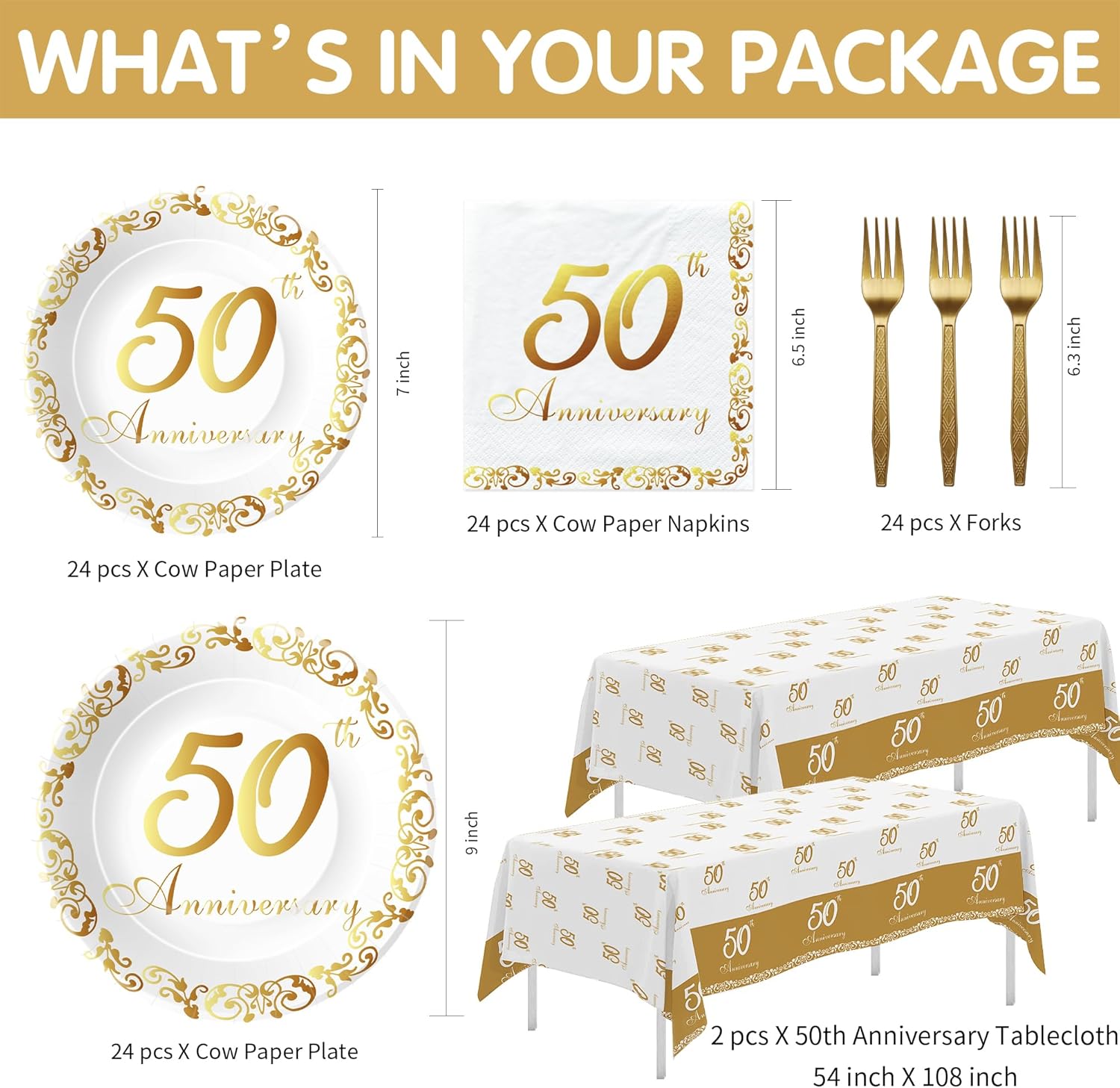 APOWBLS 50th Anniversary Decorations And Supplies Tableware - Golden 50th Wedding Anniversary Decorations Party Supplies, Paper Plate, Napkin, Tablecloth, Fork | Serves 24 - Image 2