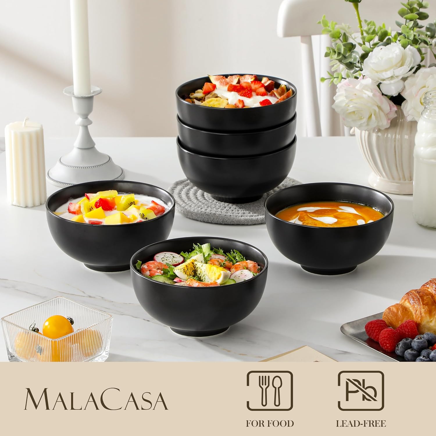 MALACASA 26 Qz Porcelain Soup Bowls, White Ceramic Cereal Bowls for Kitchen 6 inch Bowls Set of 6 for Oatmeal Salad Fruit Rice Dishwasher and Microwave Safe, Series Regular - Image 3