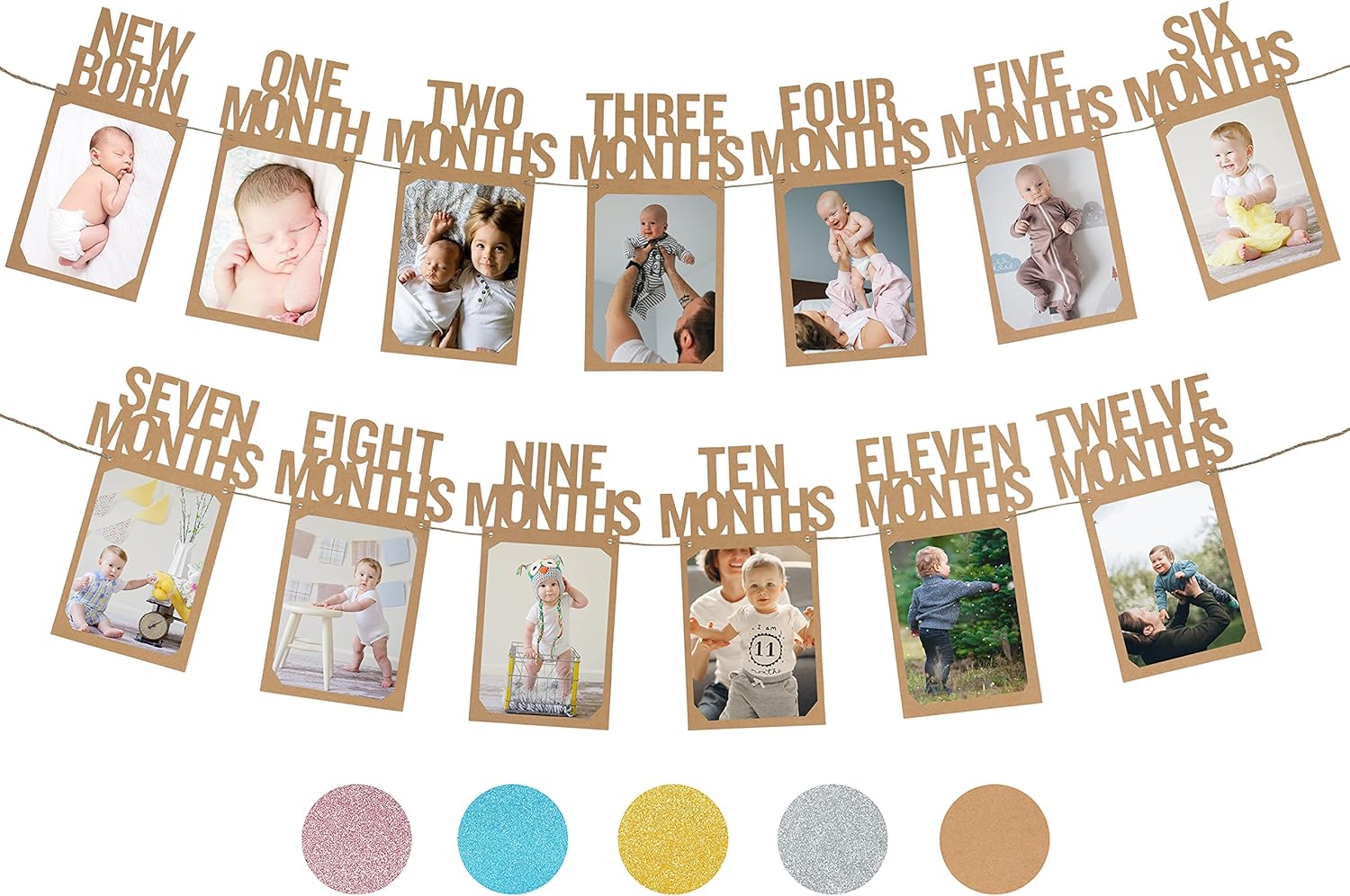 PartyHooman 1st Birthday Photo Banner for Baby from Newborn to 12 Months, First Birthday Decorations Boy or Girl Monthly Milestones Garland | 1 Year Old Photo Banner Pre-strung with Frame (Kraft)