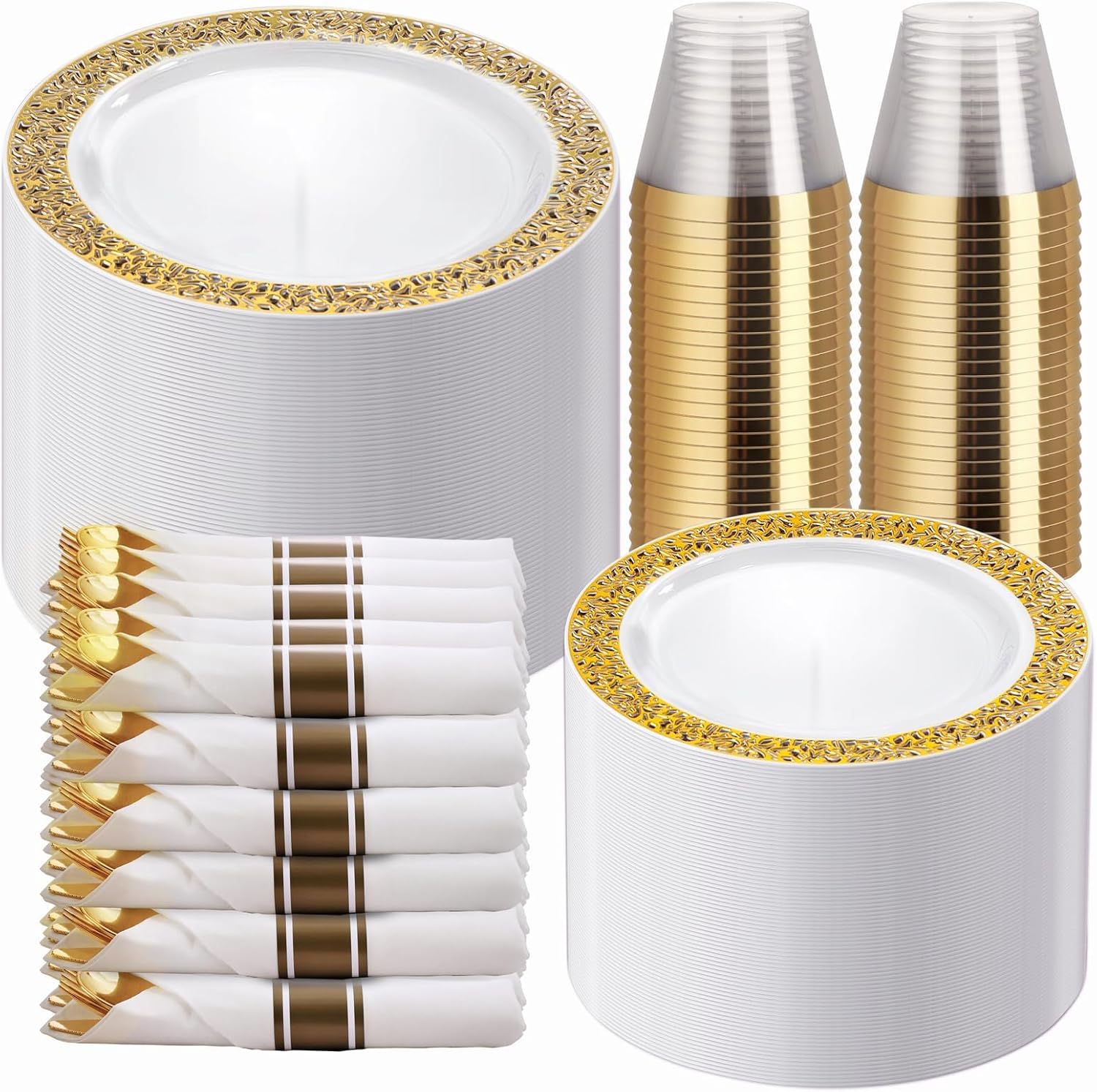 WELLIFE 50 Guests Dinnerware Sets, Gold Plastic Plates,Platos Para Fiestas Elegantes Desechables Include:50 Dinner Plates, 50 Dessert Plate, 150 Pcs Gold Plastic Silverware, 50 Cups for Party