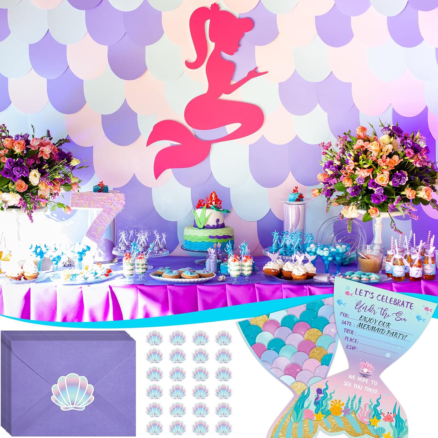 Hotop 24 Sets Mermaid Birthday Invitations with Stickers and Envelopes for Kids Girls, Mermaid Party Invitations Cards for Birthday Baby Shower Party Favors Supplies, 4x6 Inch - Image 5
