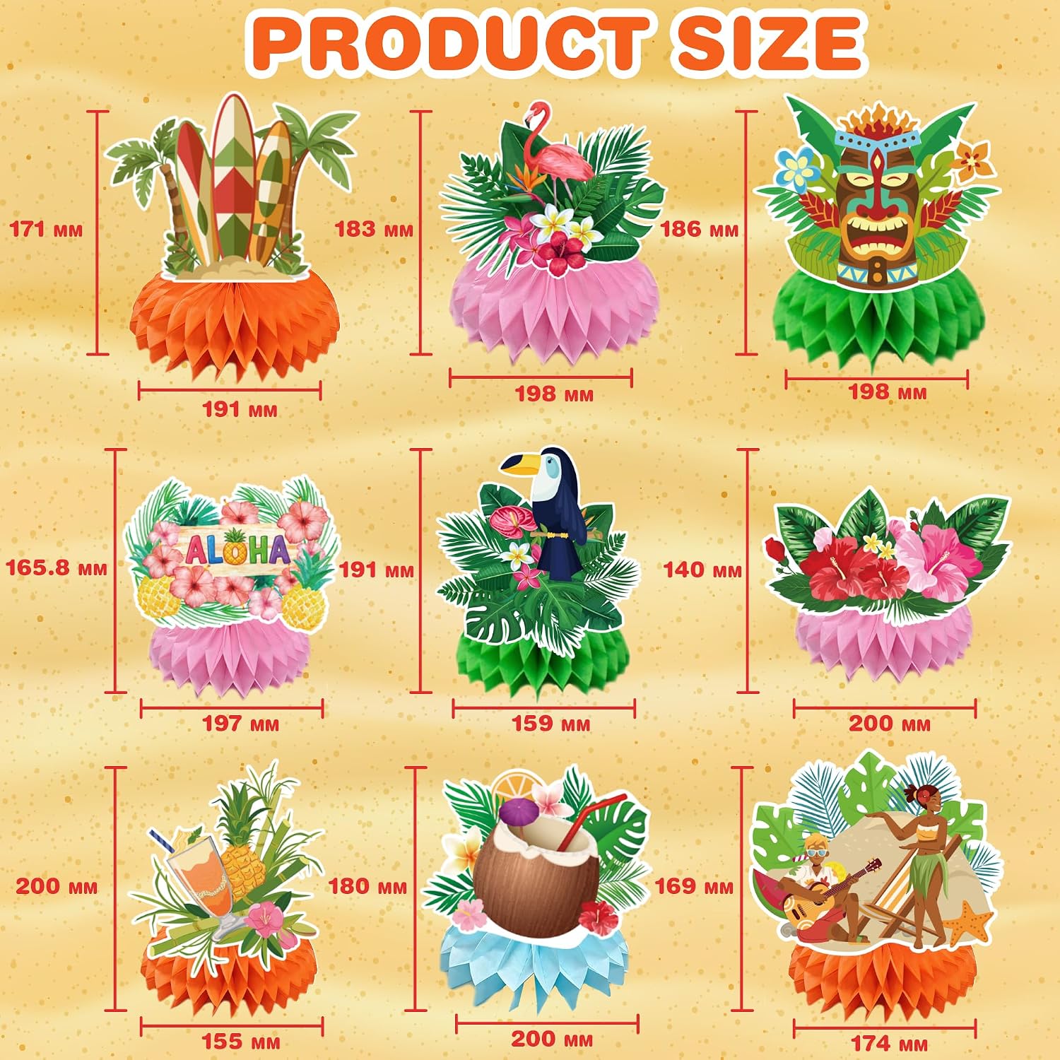 Luau Party Decorations - 9 PCS Hawaiian Honeycomb Table Centerpiece for Tiki and Love Island Hawaiian Theme Party Favors Supplies | Tropical Party Decorations for Summer Beach Pool Birthday Wedding - Image 2