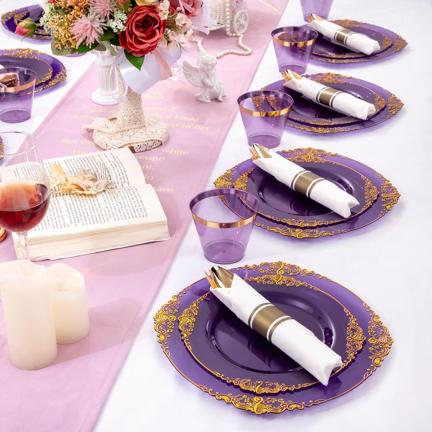 Nervure 175PCS Purple Plastic Plates - Disposable Purple Gold Party Plates & Pre Rolled Napkins with Cutlery for 25 Guests, 50Plates, 75Silverware, 25Cups, 25Napkin for Wedding & Party - Image 8